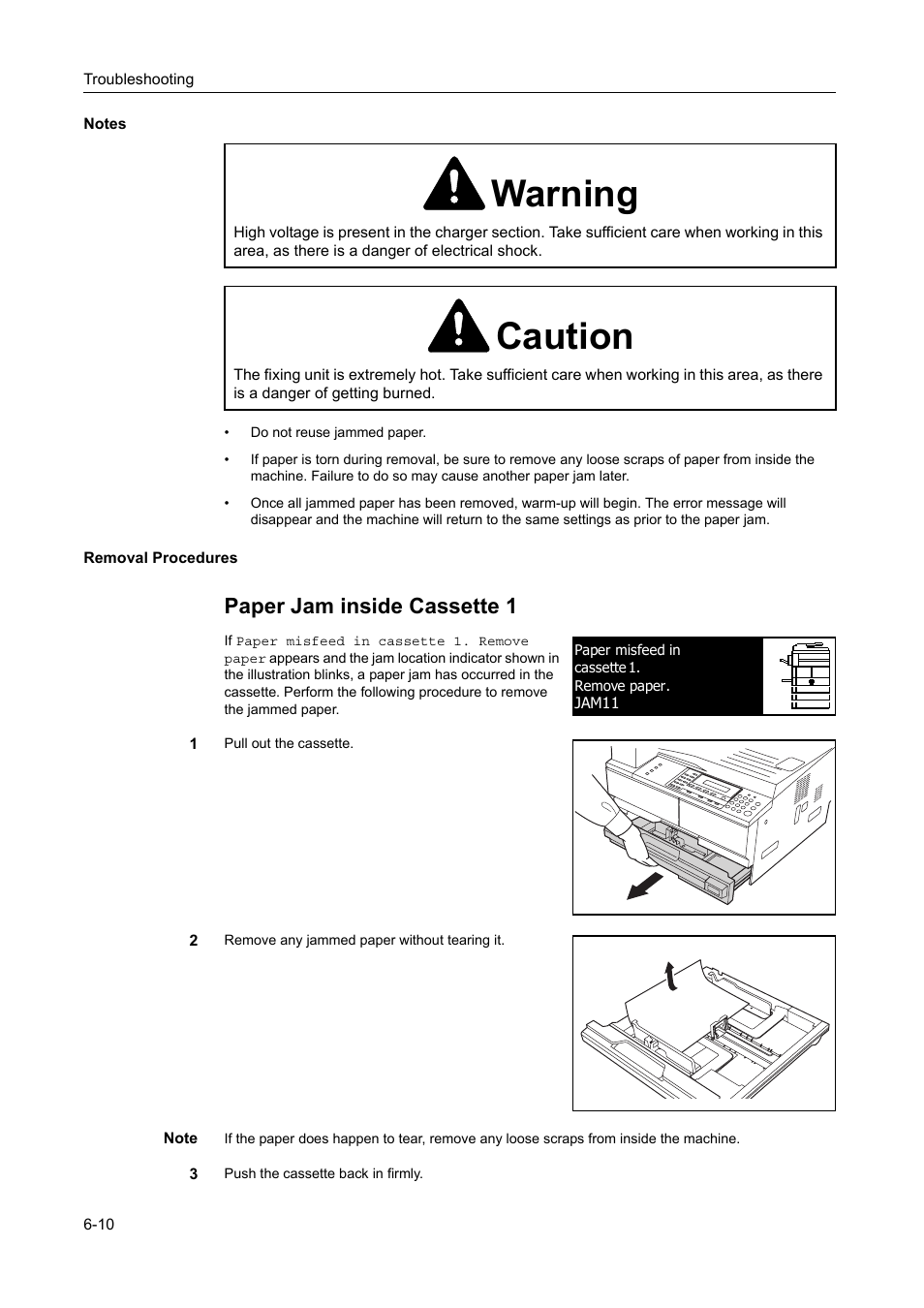 Notes, Removal procedures, Notes -10 removal procedures -10 | Warning, Caution, Paper jam inside cassette 1 | TA Triumph-Adler DC 2218 User Manual | Page 91 / 114