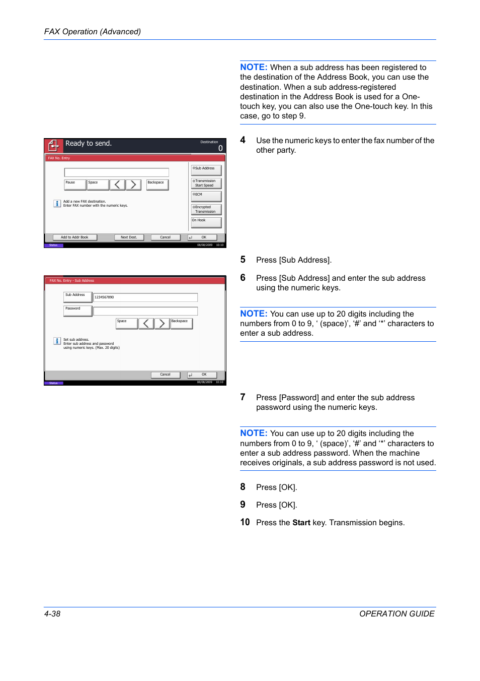 Fax operation (advanced) 4-38 operation guide, Press [sub address, Press [ok | Press the start key. transmission begins | TA Triumph-Adler DC 2242 User Manual | Page 101 / 223
