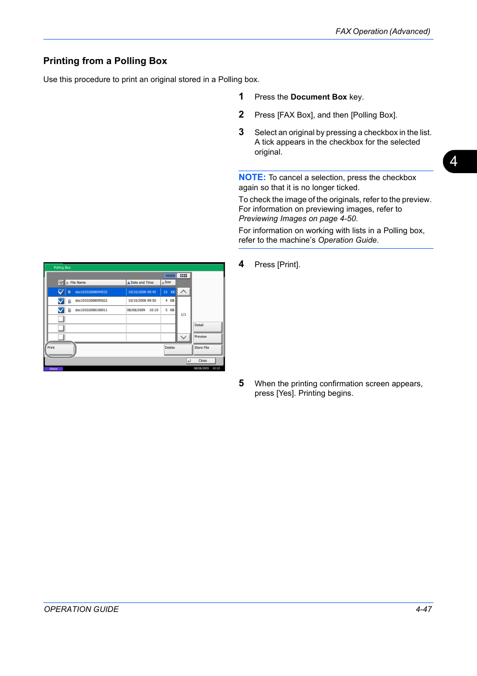 Printing from a polling box, Fax operation (advanced) operation guide 4-47, Press the document box key | Press [fax box], and then [polling box, Press [print | TA Triumph-Adler DC 2242 User Manual | Page 110 / 223