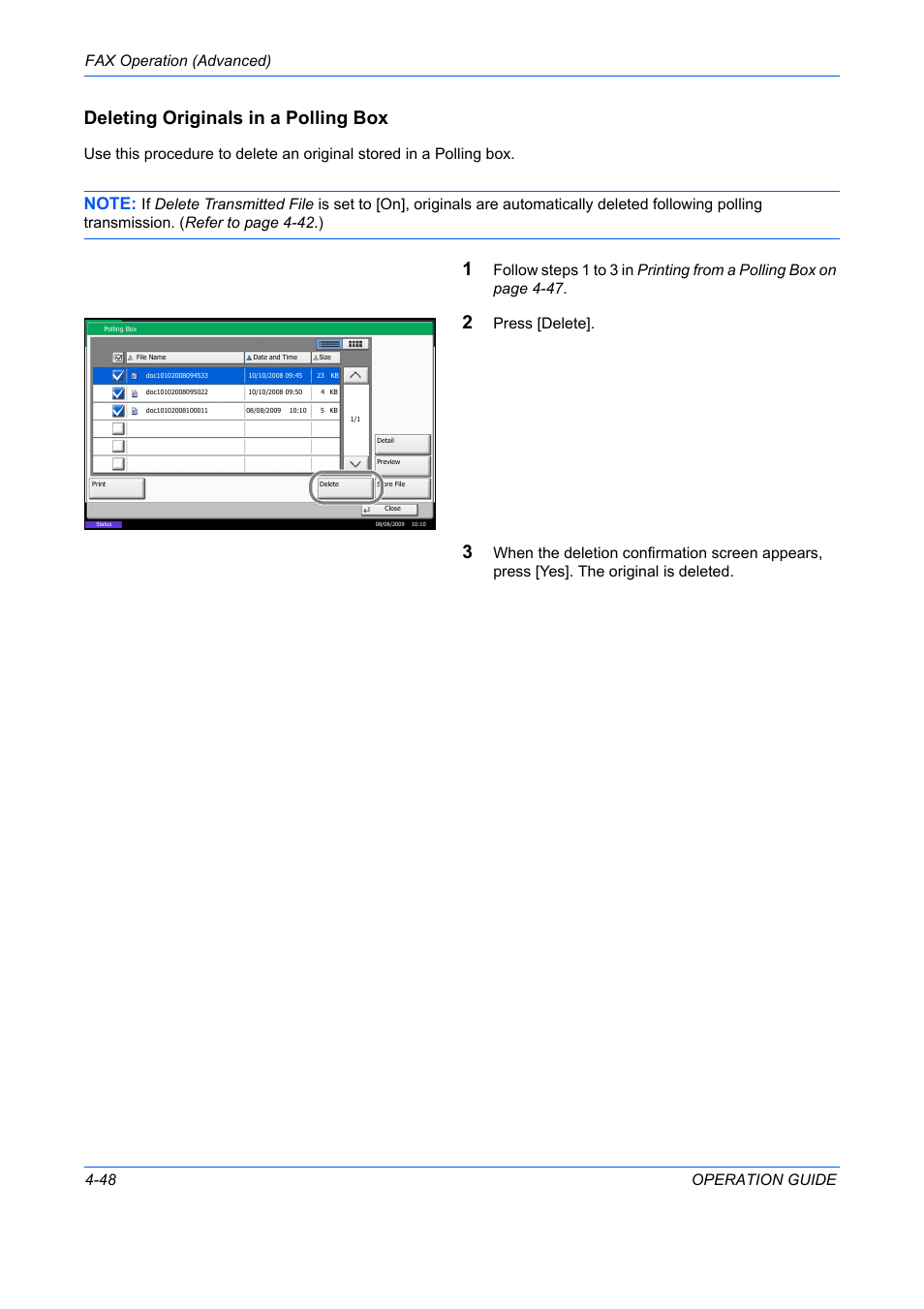 Deleting originals in a polling box, Fax operation (advanced) 4-48 operation guide, Press [delete | TA Triumph-Adler DC 2242 User Manual | Page 111 / 223