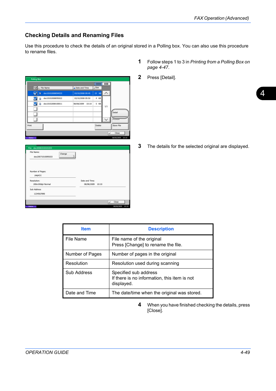 Checking details and renaming files, Fax operation (advanced) operation guide 4-49, Press [detail | TA Triumph-Adler DC 2242 User Manual | Page 112 / 223