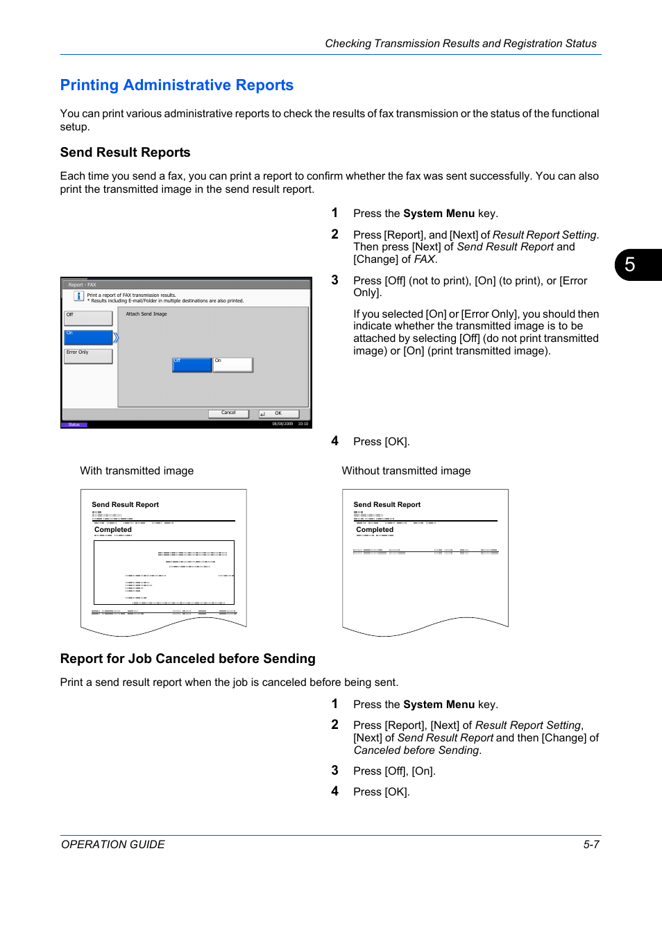 Printing administrative reports -7, Printing administrative reports, Send result reports | Report for job canceled before sending | TA Triumph-Adler DC 2242 User Manual | Page 128 / 223