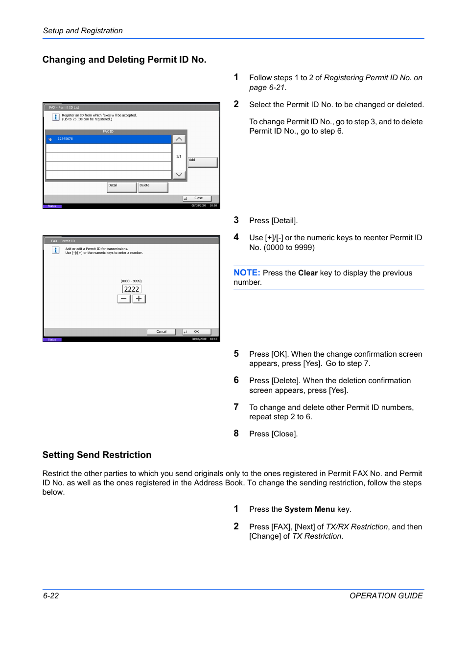 Changing and deleting permit id no. 1, Setting send restriction | TA Triumph-Adler DC 2242 User Manual | Page 155 / 223