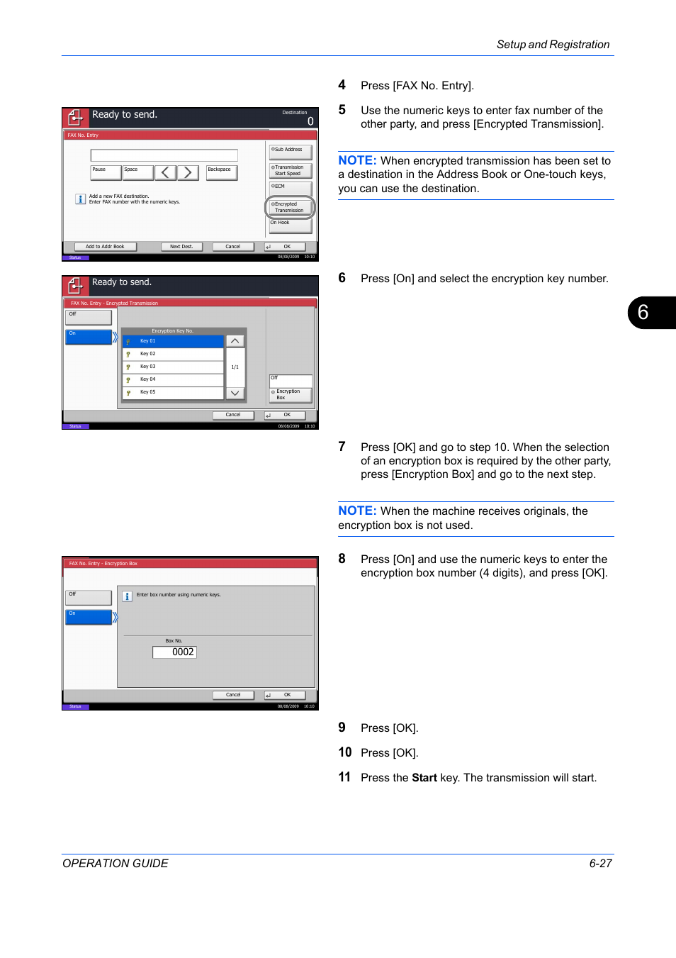 Setup and registration operation guide 6-27, Press [fax no. entry, Press [on] and select the encryption key number | Press [ok, Press the start key. the transmission will start | TA Triumph-Adler DC 2242 User Manual | Page 160 / 223