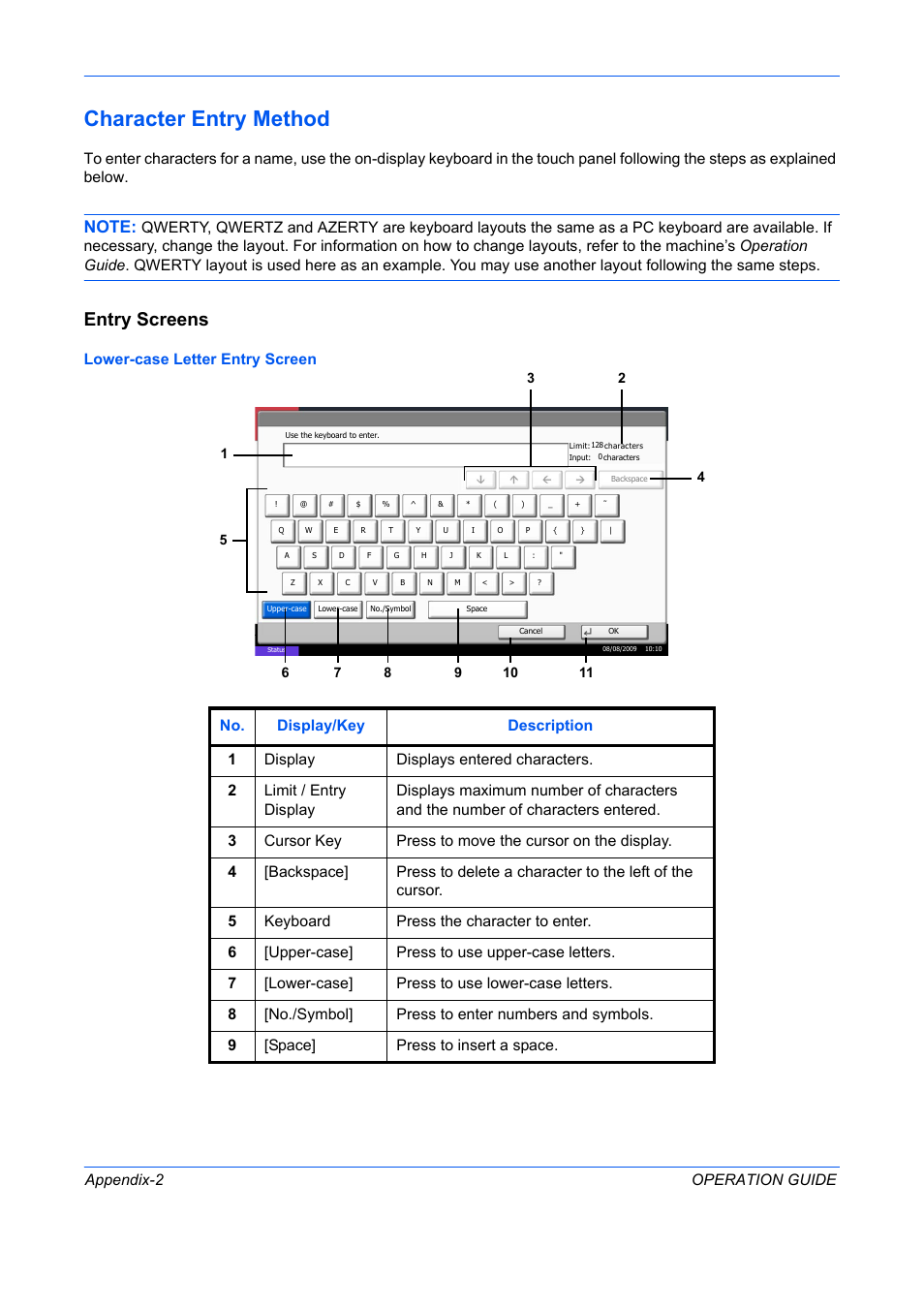 Character entry method, Entry screens, Appendix-2 operation guide | Lower-case letter entry screen | TA Triumph-Adler DC 2242 User Manual | Page 197 / 223