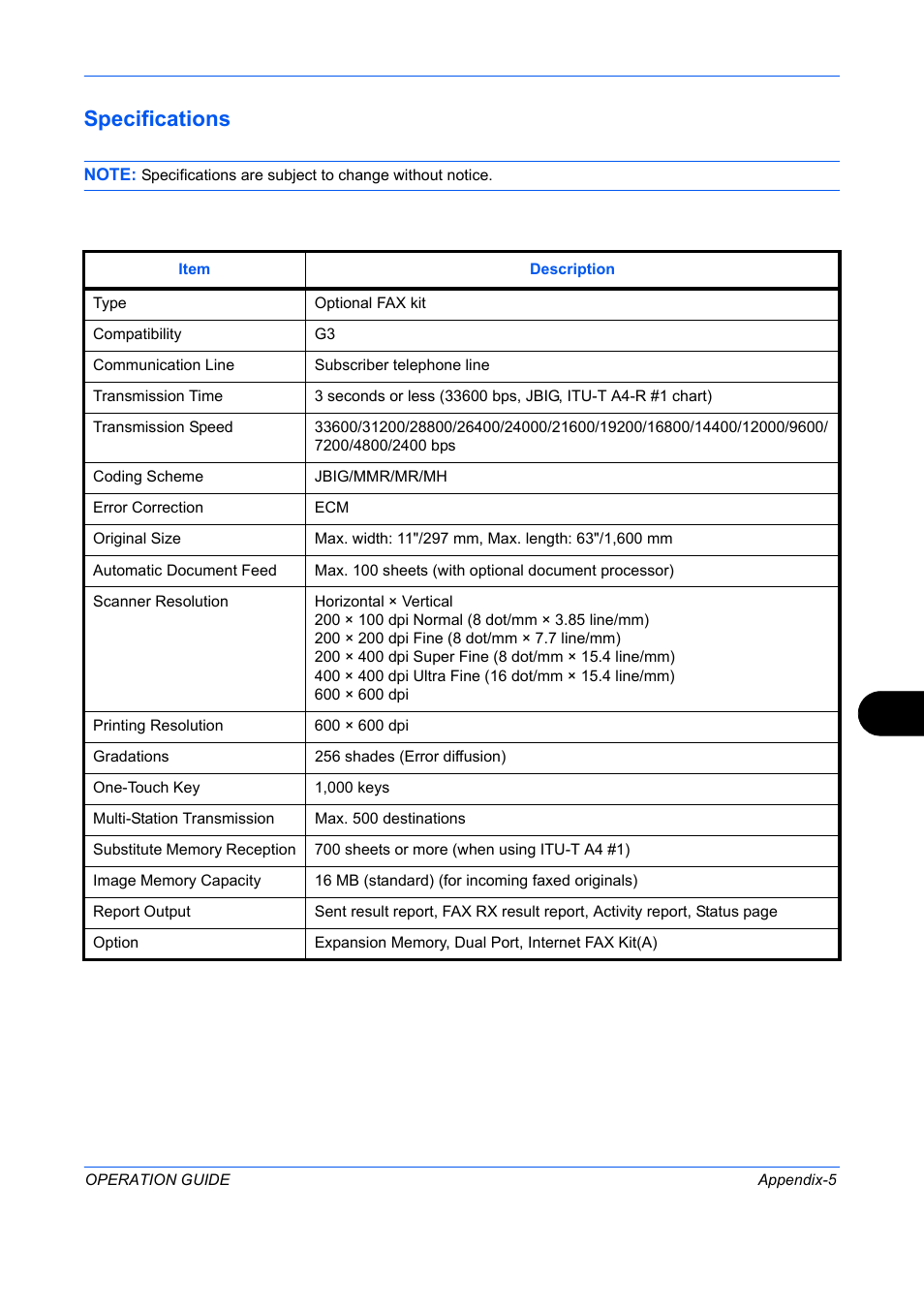 Specifications | TA Triumph-Adler DC 2242 User Manual | Page 200 / 223