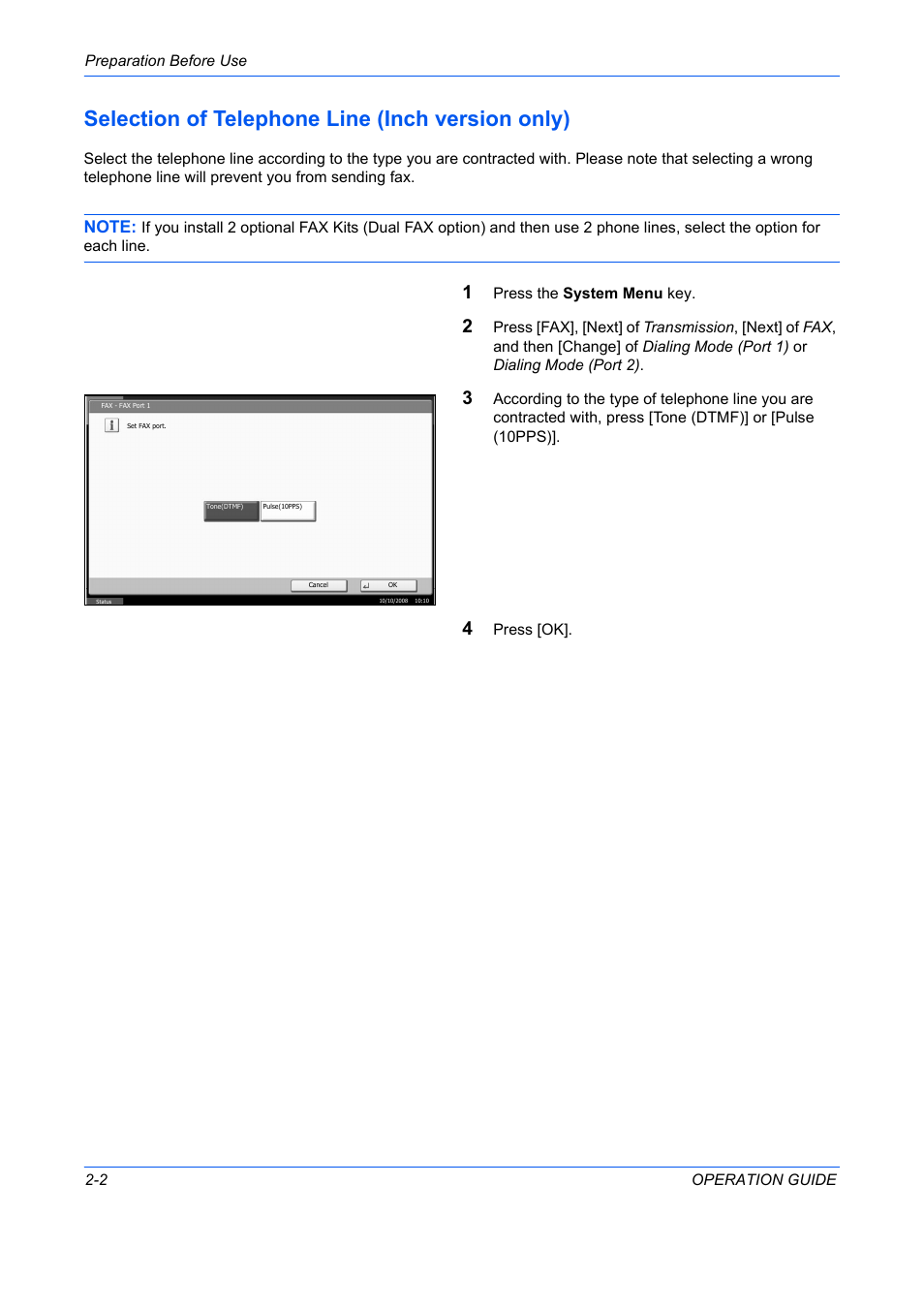 Selection of telephone line (inch version only) -2, Selection of telephone line (inch version only) | TA Triumph-Adler DC 2242 User Manual | Page 23 / 223