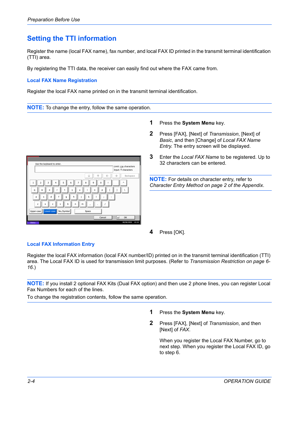 Setting the tti information -4, Setting the tti information, Preparation before use 2-4 operation guide | Press the system menu key | TA Triumph-Adler DC 2242 User Manual | Page 25 / 223