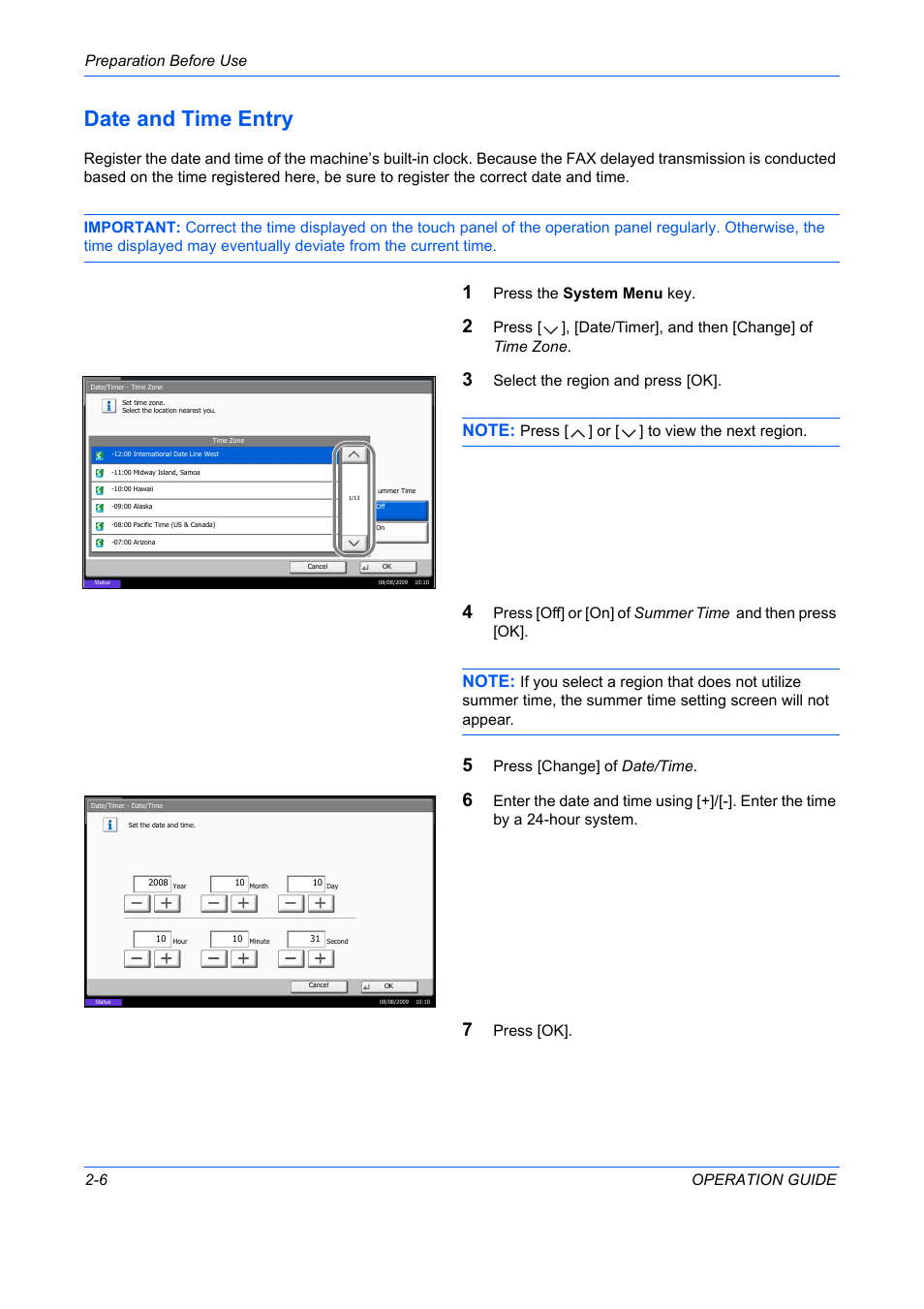 Date and time entry -6, Date and time entry, Preparation before use 2-6 operation guide | Press the system menu key, Select the region and press [ok, Press [ ] or [ ] to view the next region, Press [change] of date/time, Press [ok | TA Triumph-Adler DC 2242 User Manual | Page 27 / 223