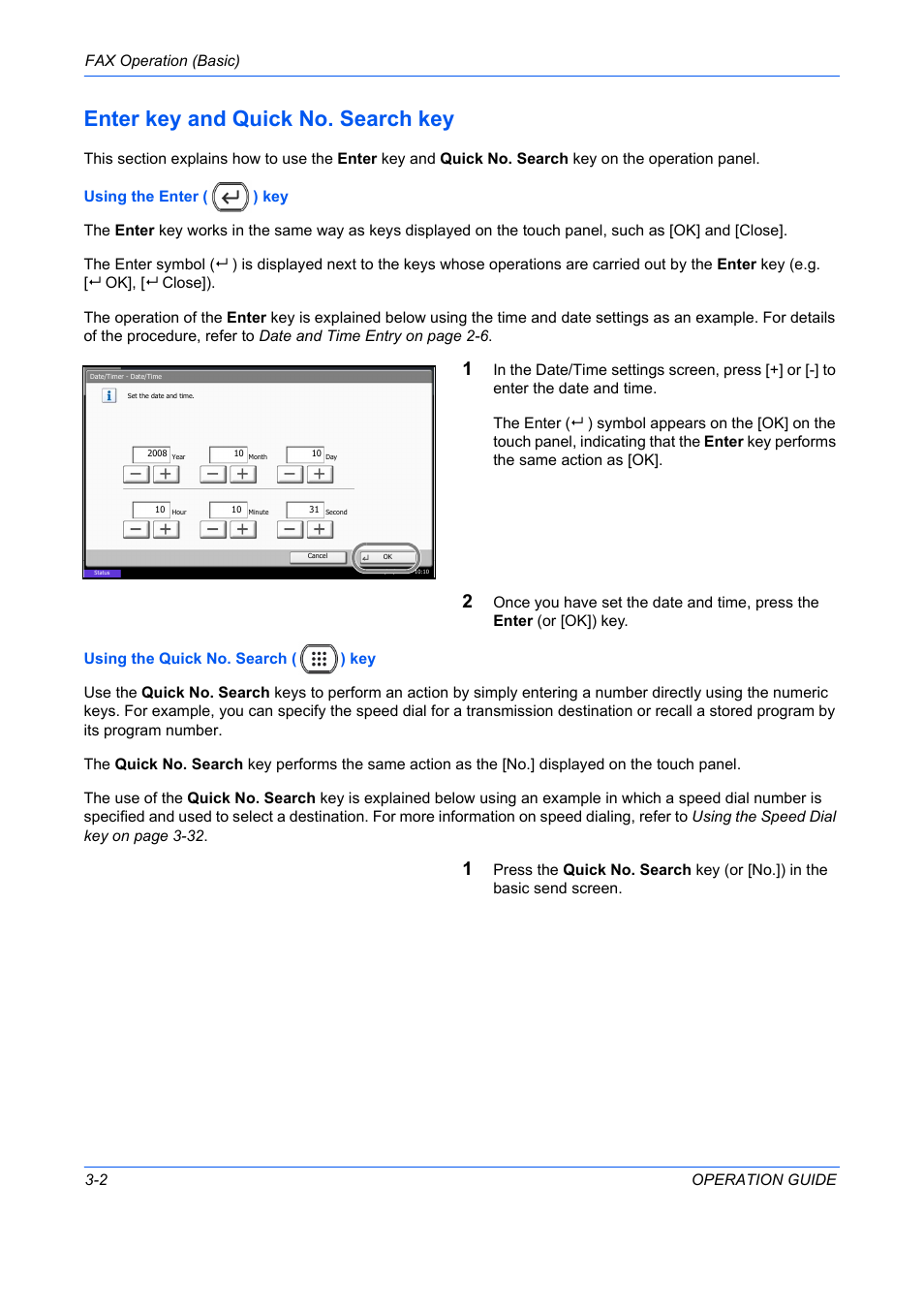 Enter key and quick no. search key -2, Enter key and quick no. search key, Fax operation (basic) 3-2 operation guide | TA Triumph-Adler DC 2242 User Manual | Page 29 / 223