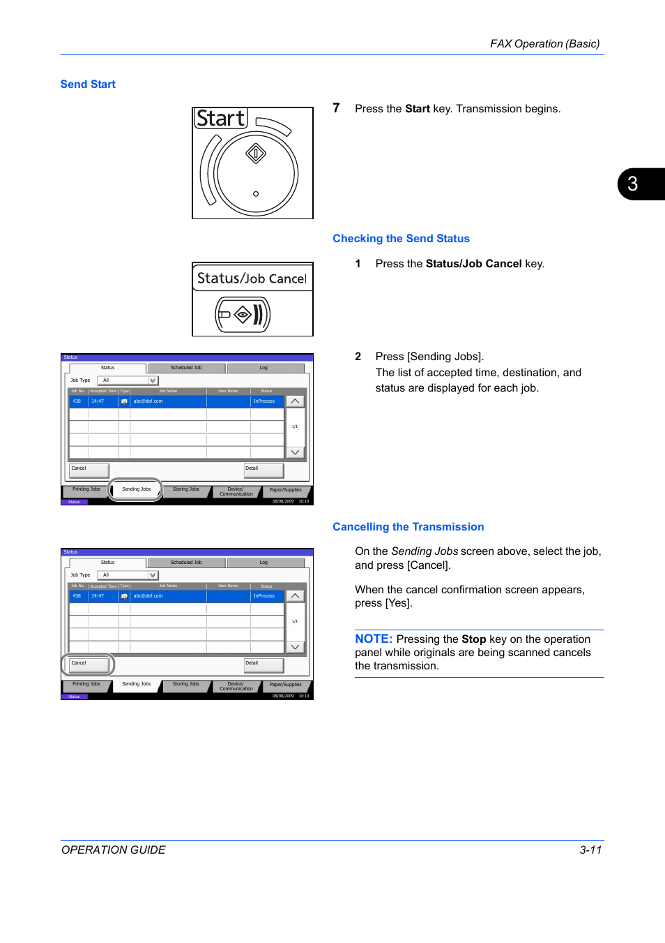 Fax operation (basic) operation guide 3-11, Send start | TA Triumph-Adler DC 2242 User Manual | Page 38 / 223