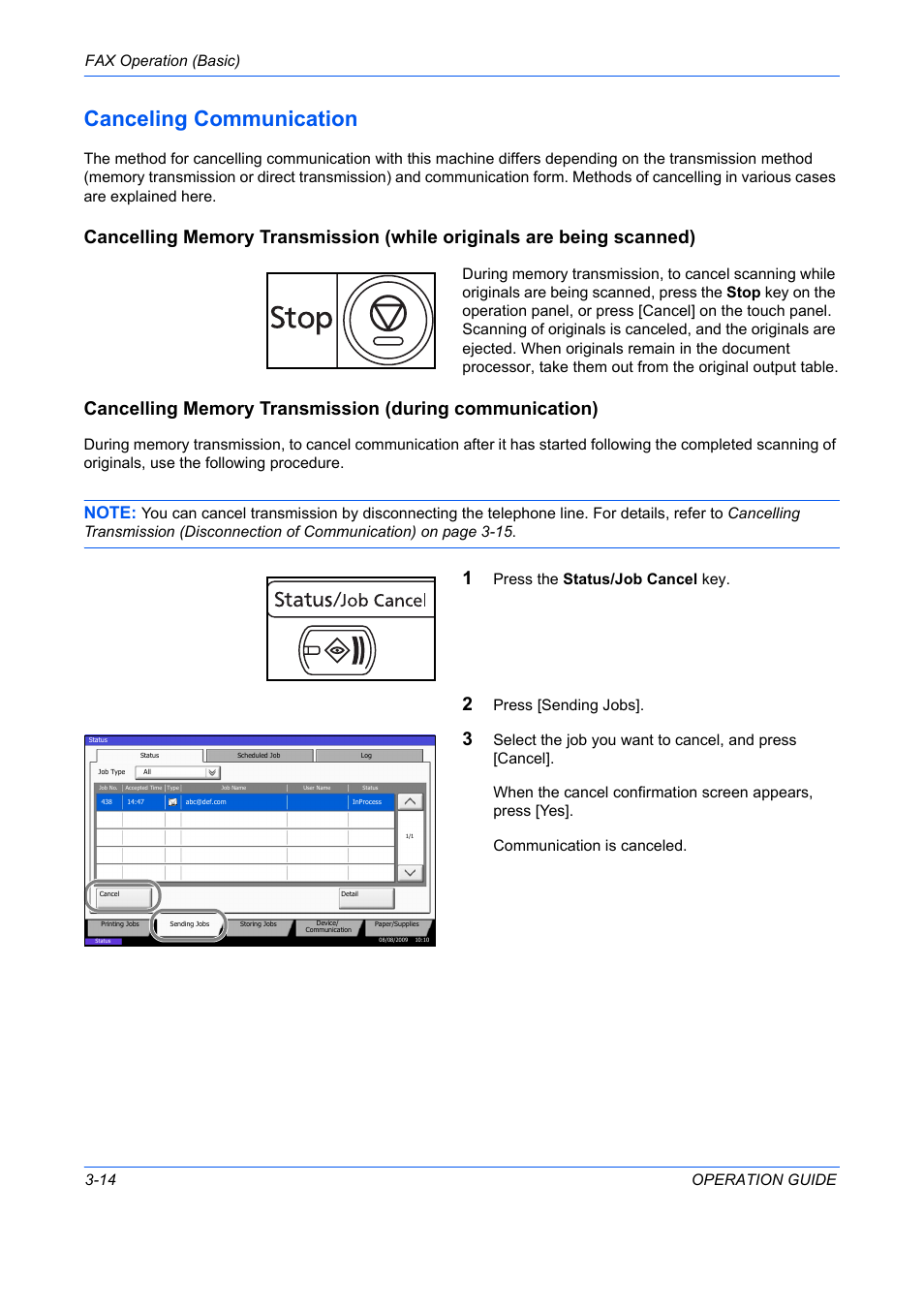 Canceling communication -14, Canceling communication, Fax operation (basic) 3-14 operation guide | Press the status/job cancel key, Press [sending jobs | TA Triumph-Adler DC 2242 User Manual | Page 41 / 223