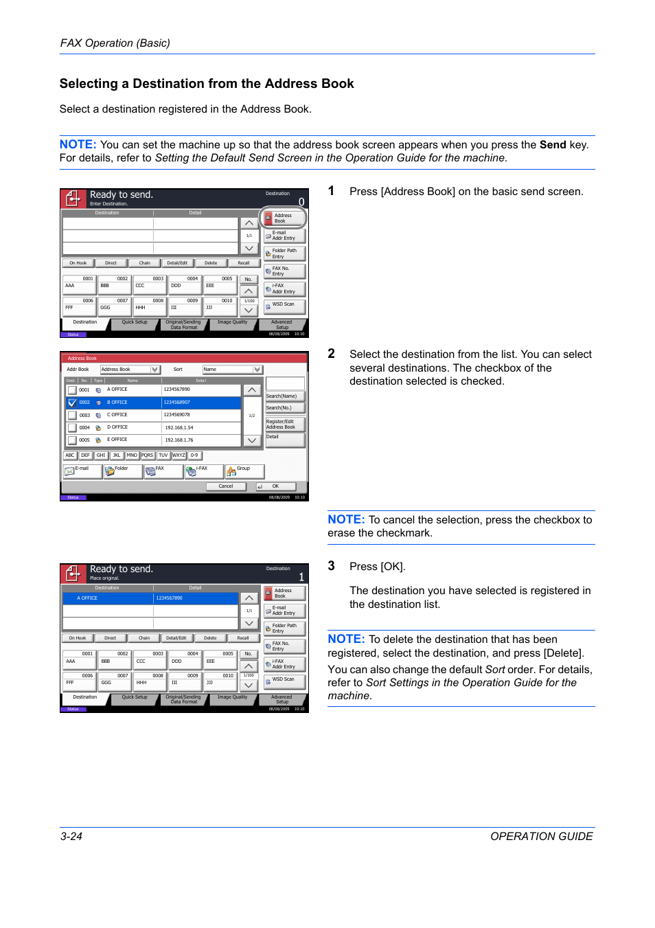 Selecting a destination from the address book, Fax operation (basic) 3-24 operation guide, Press [address book] on the basic send screen | Ready to send | TA Triumph-Adler DC 2242 User Manual | Page 51 / 223