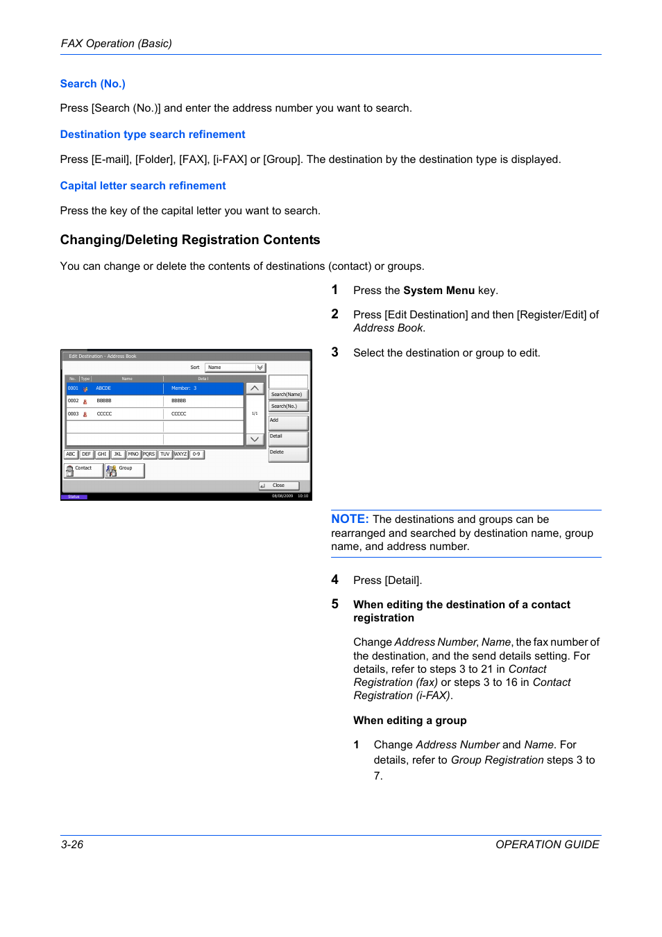 Changing/deleting registration contents, Press the system menu key, Select the destination or group to edit | Press [detail | TA Triumph-Adler DC 2242 User Manual | Page 53 / 223