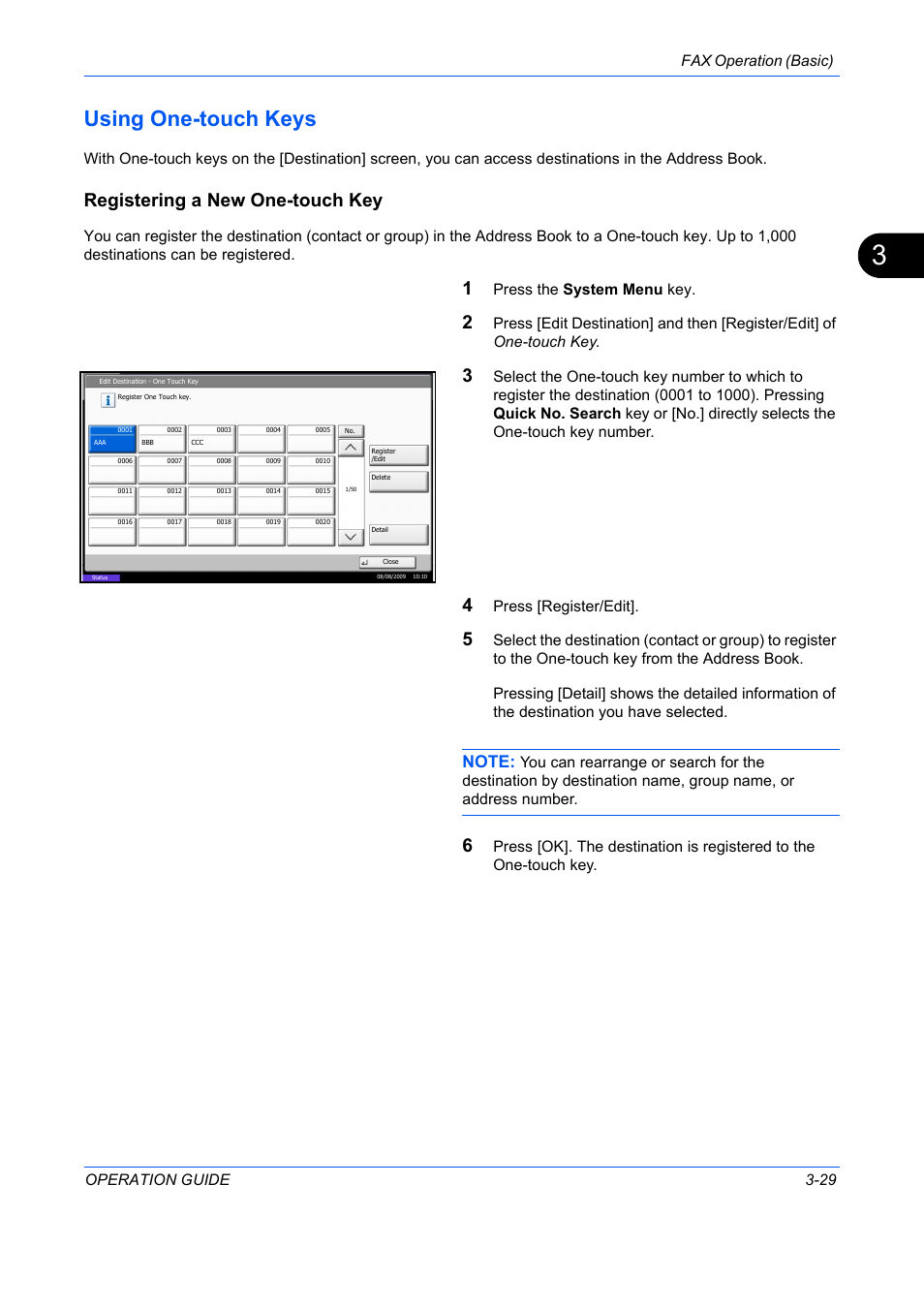 Using one-touch keys -29, Using one-touch keys, Registering a new one-touch key | Fax operation (basic) operation guide 3-29, Press the system menu key, Press [register/edit | TA Triumph-Adler DC 2242 User Manual | Page 56 / 223