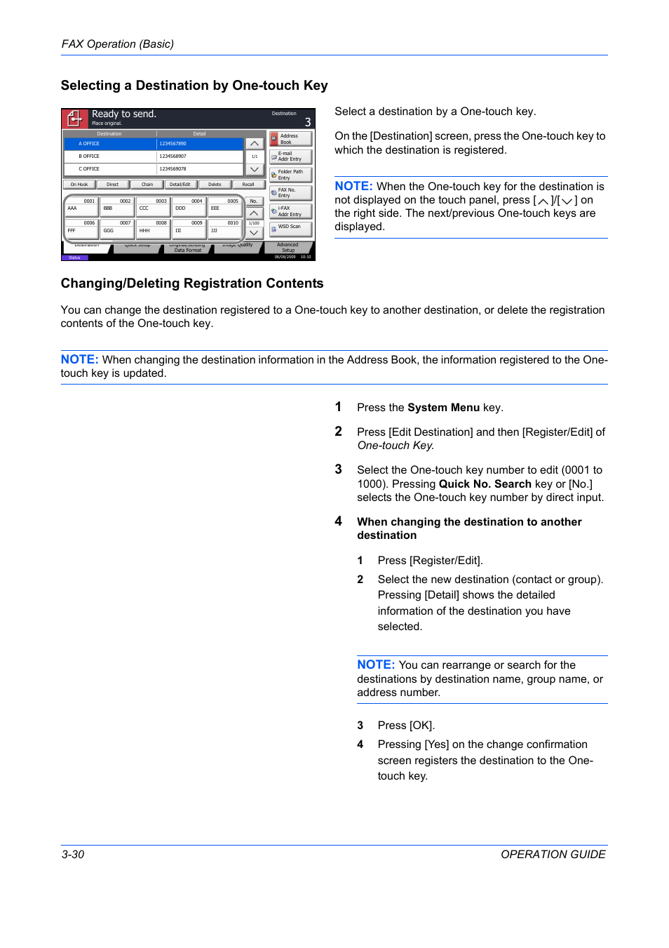 Selecting a destination by one-touch key, Changing/deleting registration contents, Fax operation (basic) 3-30 operation guide | Press the system menu key | TA Triumph-Adler DC 2242 User Manual | Page 57 / 223