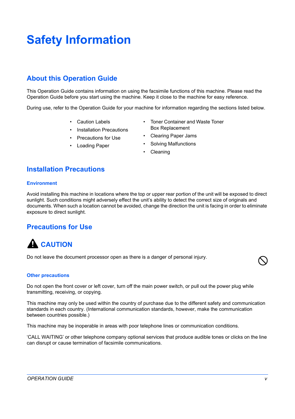 Safety information, About this operation guide, Installation precautions | Precautions for use caution | TA Triumph-Adler DC 2242 User Manual | Page 6 / 223