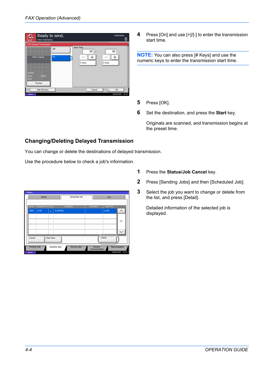 Changing/deleting delayed transmission, Fax operation (advanced) 4-4 operation guide, Press [ok | Press the status/job cancel key, Press [sending jobs] and then [scheduled job, Ready to send | TA Triumph-Adler DC 2242 User Manual | Page 67 / 223