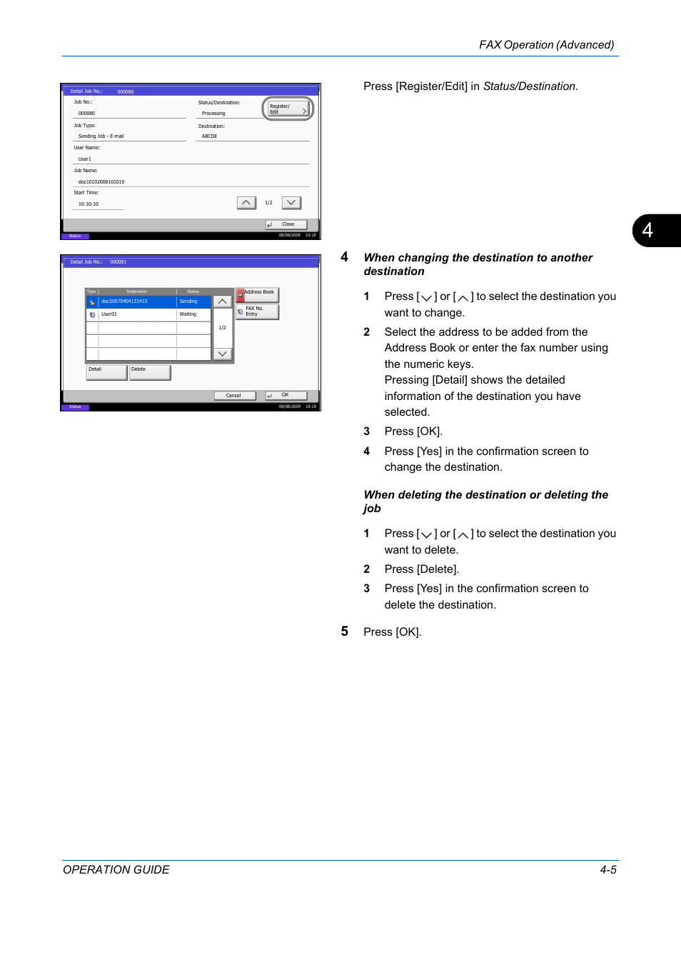 Fax operation (advanced) operation guide 4-5, Press [register/edit] in status/destination, Press [ok | TA Triumph-Adler DC 2242 User Manual | Page 68 / 223