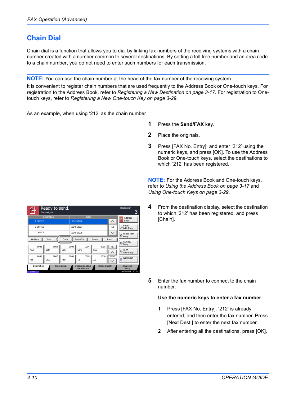 Chain dial -10, Chain dial, Fax operation (advanced) 4-10 operation guide | Press the send/fax key, Place the originals, Ready to send | TA Triumph-Adler DC 2242 User Manual | Page 73 / 223