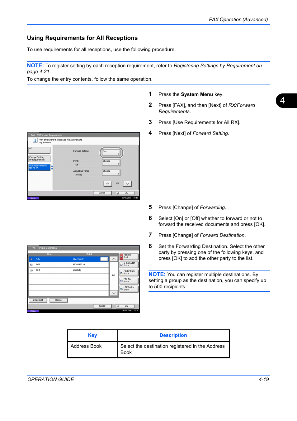 Using requirements for all receptions, Fax operation (advanced) operation guide 4-19, Press the system menu key | Press [use requirements for all rx, Press [next] of forward setting, Press [change] of forwarding, Press [change] of forward destination | TA Triumph-Adler DC 2242 User Manual | Page 82 / 223