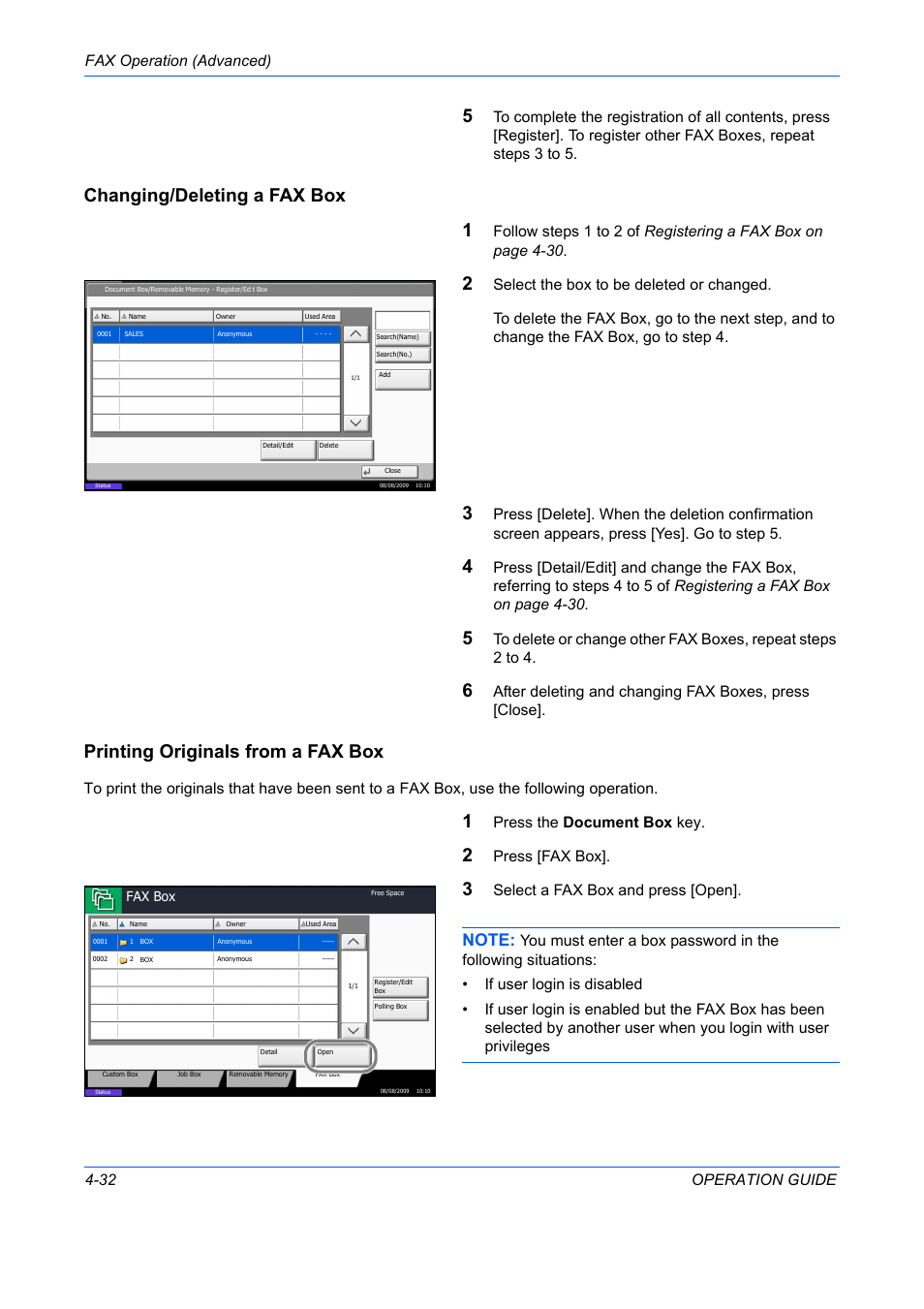 Changing/deleting a fax box 1, Printing originals from a fax box, Fax operation (advanced) 4-32 operation guide | Press the document box key, Press [fax box, Select a fax box and press [open | TA Triumph-Adler DC 2242 User Manual | Page 95 / 223