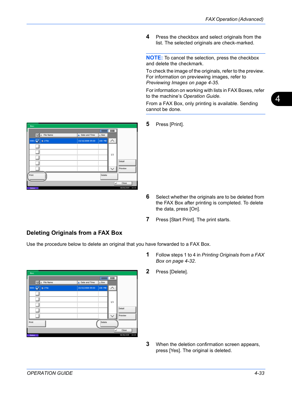 Deleting originals from a fax box, Fax operation (advanced) operation guide 4-33, Press [print | Press [start print]. the print starts, Press [delete | TA Triumph-Adler DC 2242 User Manual | Page 96 / 223