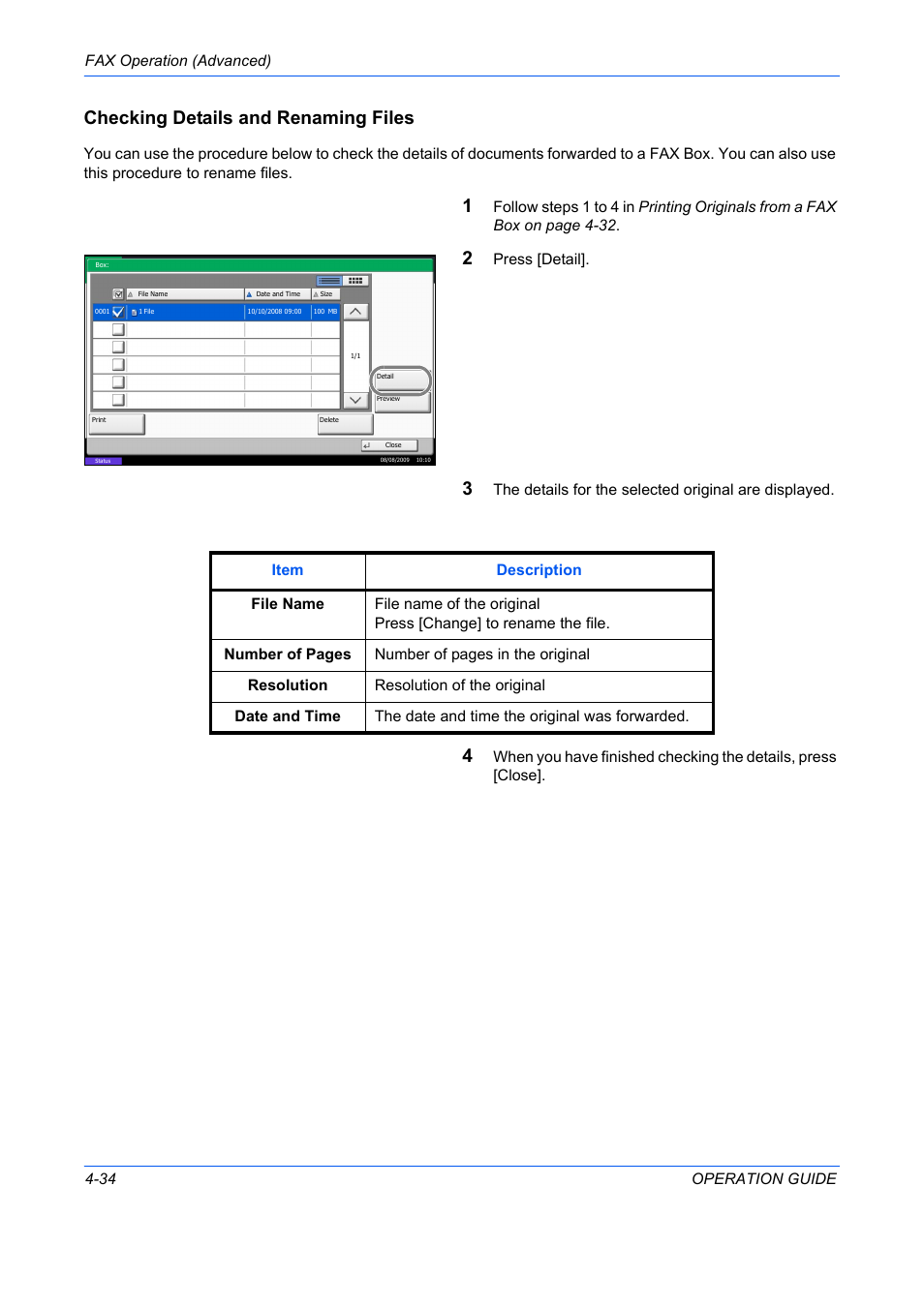 Checking details and renaming files, Fax operation (advanced) 4-34 operation guide, Press [detail | TA Triumph-Adler DC 2242 User Manual | Page 97 / 223