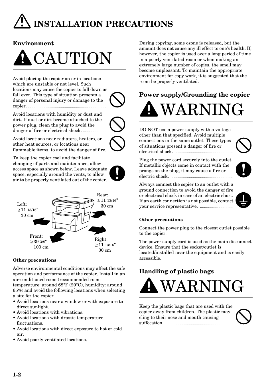 Installation precautions, Installation precautions -2, Caution | Warning, Environment, Power supply/grounding the copier, Handling of plastic bags | TA Triumph-Adler DC 2315 User Manual | Page 10 / 91