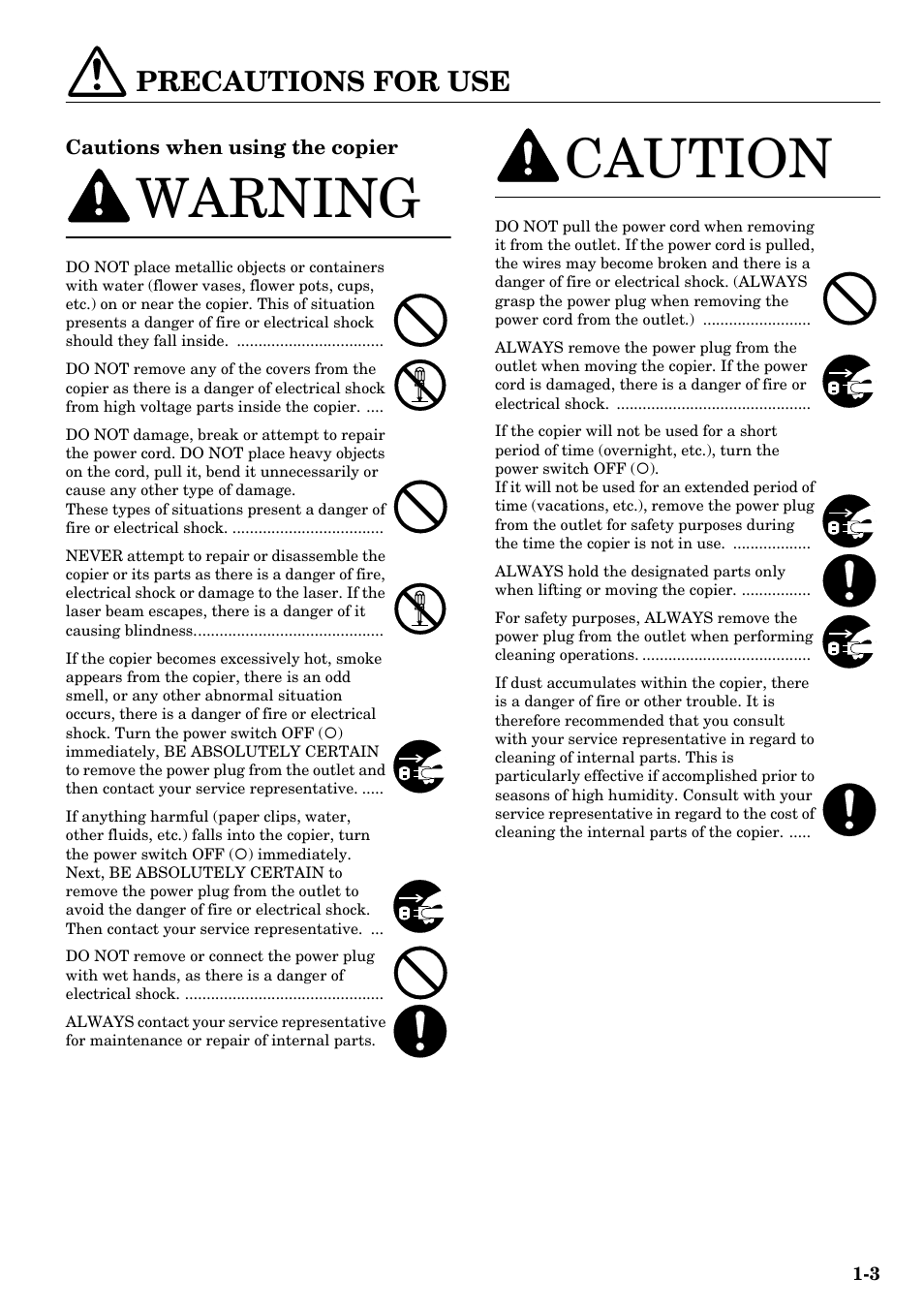 Precautions for use, Precautions for use -3, Warning | Caution | TA Triumph-Adler DC 2315 User Manual | Page 11 / 91