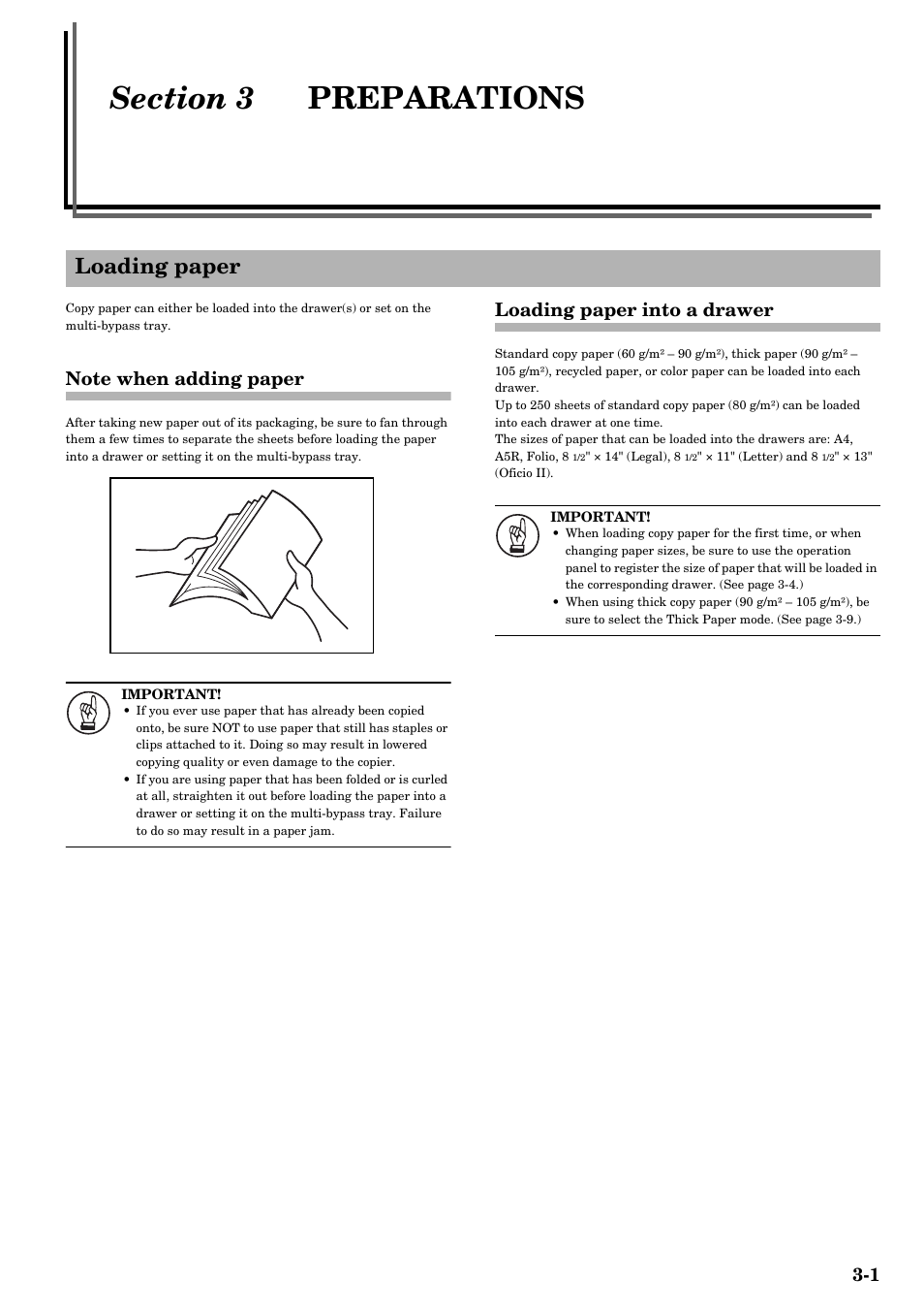 Section 3 preparations, Loading paper, Note when adding paper | Loading paper into a drawer, Section 3, Preparations -1, Loading paper -1 | TA Triumph-Adler DC 2315 User Manual | Page 23 / 91