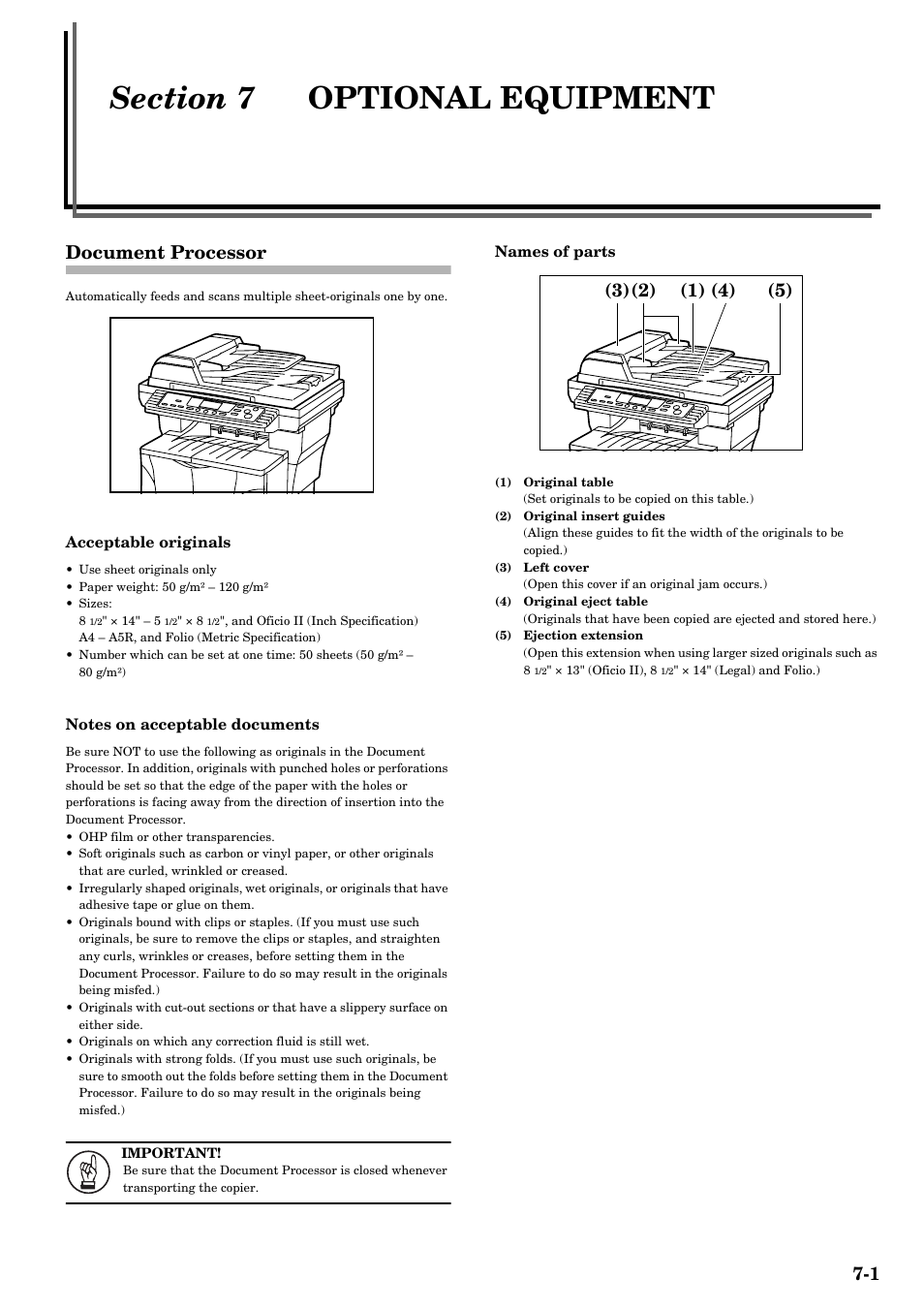 Section 7 optional equipment, Document processor, Section 7 | Optional equipment -1, Document processor -1 | TA Triumph-Adler DC 2315 User Manual | Page 63 / 91