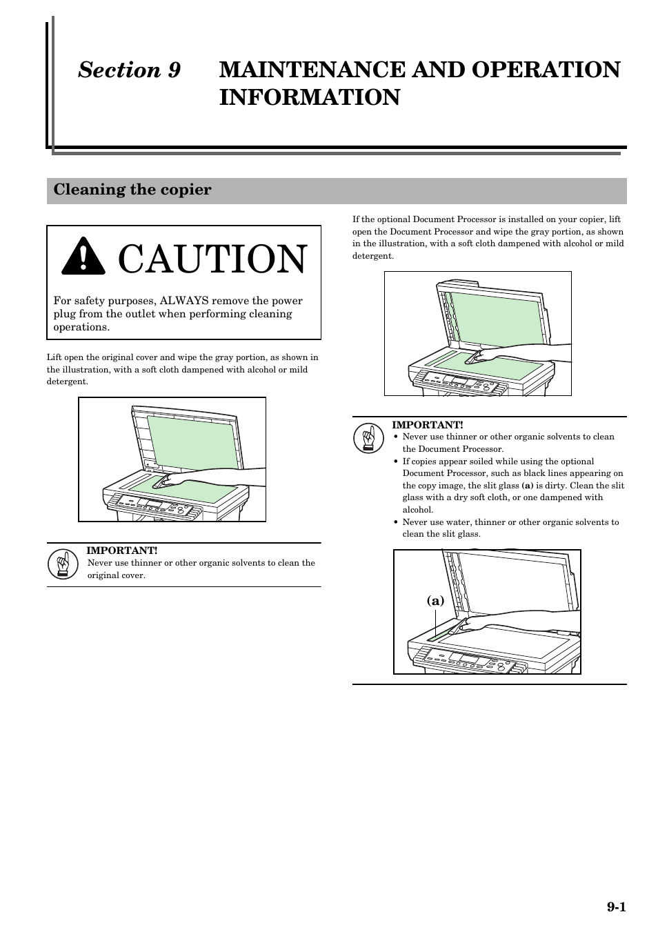 Section 9 maintenance and operation information, Cleaning the copier, Section 9 | Maintenance and operation, Information -1, Cleaning the copier -1, Caution | TA Triumph-Adler DC 2315 User Manual | Page 77 / 91