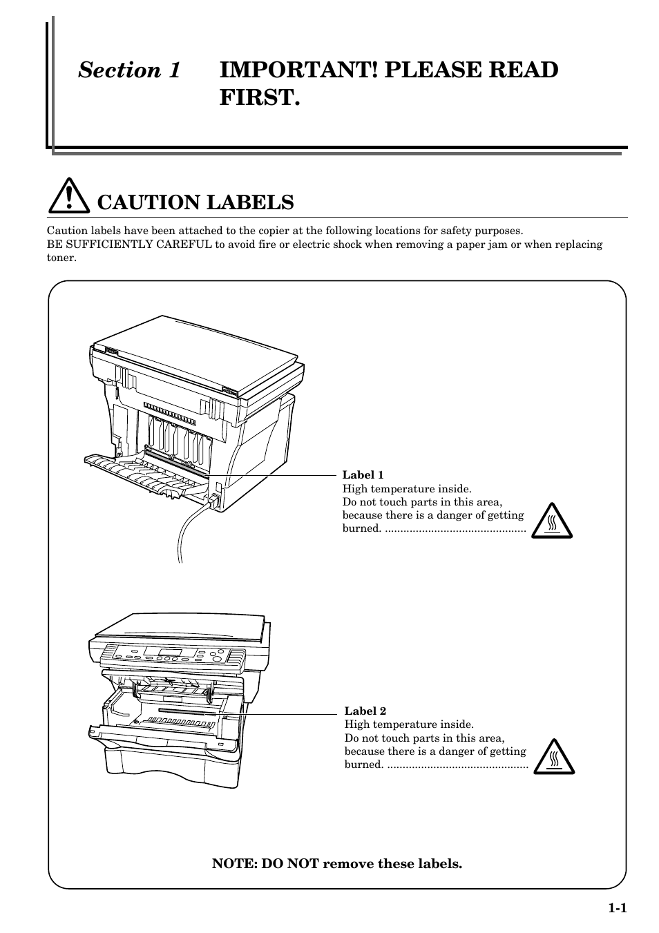 Section 1 important! please read first, Caution labels, Section 1 | Important! please read first. 1-1, Caution labels -1 | TA Triumph-Adler DC 2315 User Manual | Page 9 / 91