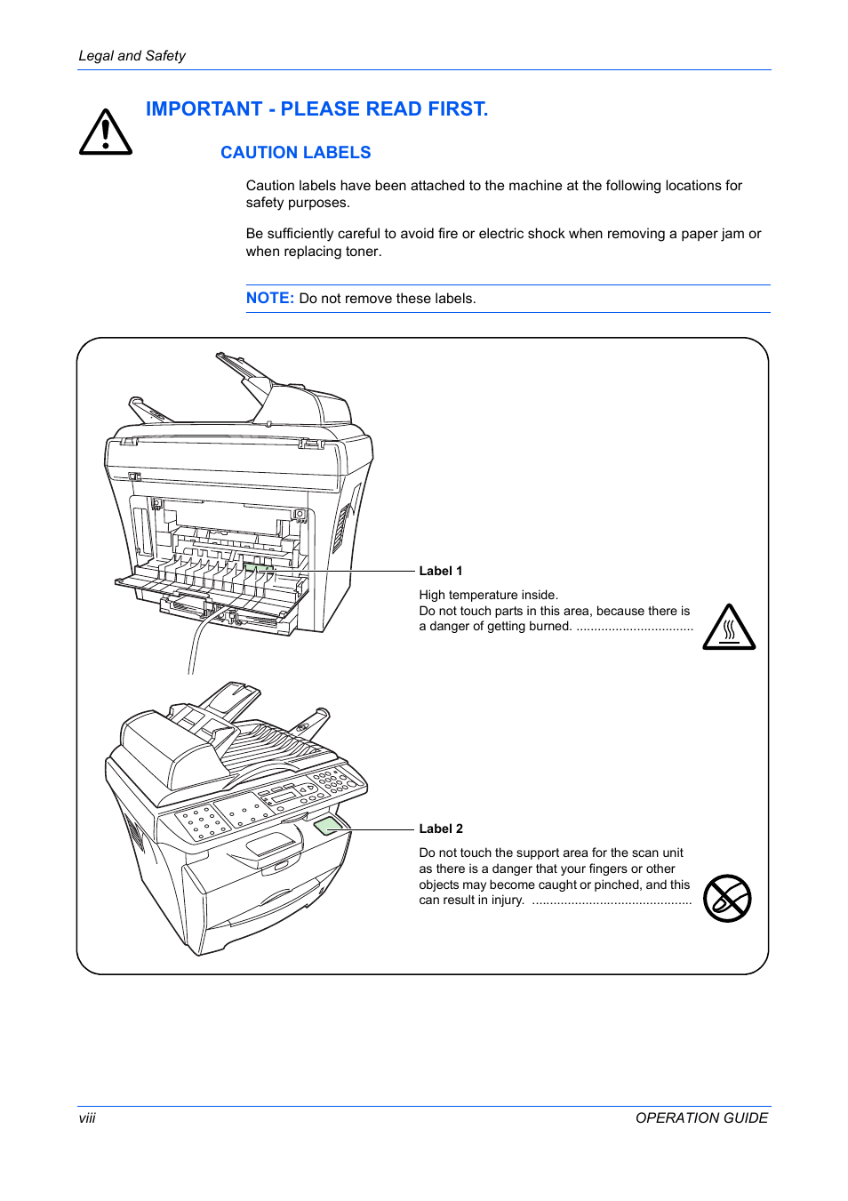 Important - please read first, Caution labels | TA Triumph-Adler DC 2316 User Manual | Page 10 / 163