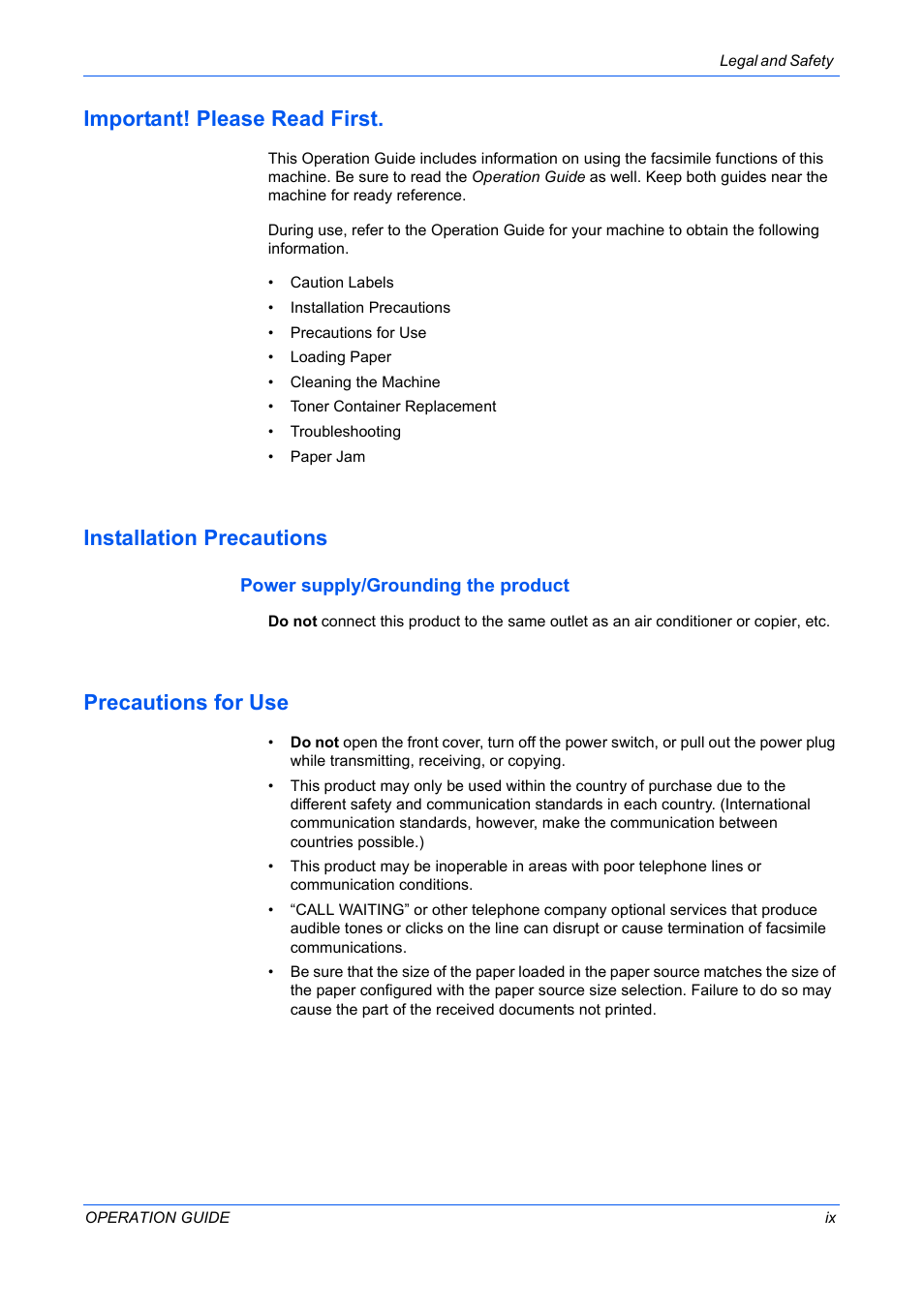 Important! please read first, Installation precautions, Precautions for use | TA Triumph-Adler DC 2316 User Manual | Page 100 / 163