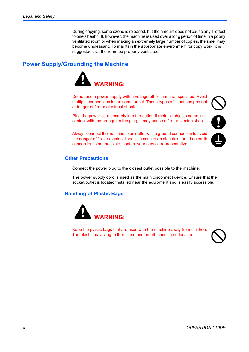 Power supply/grounding the machine, Other precautions, Handling of plastic bags | Power supply/grounding the machine warning, Warning | TA Triumph-Adler DC 2316 User Manual | Page 12 / 163