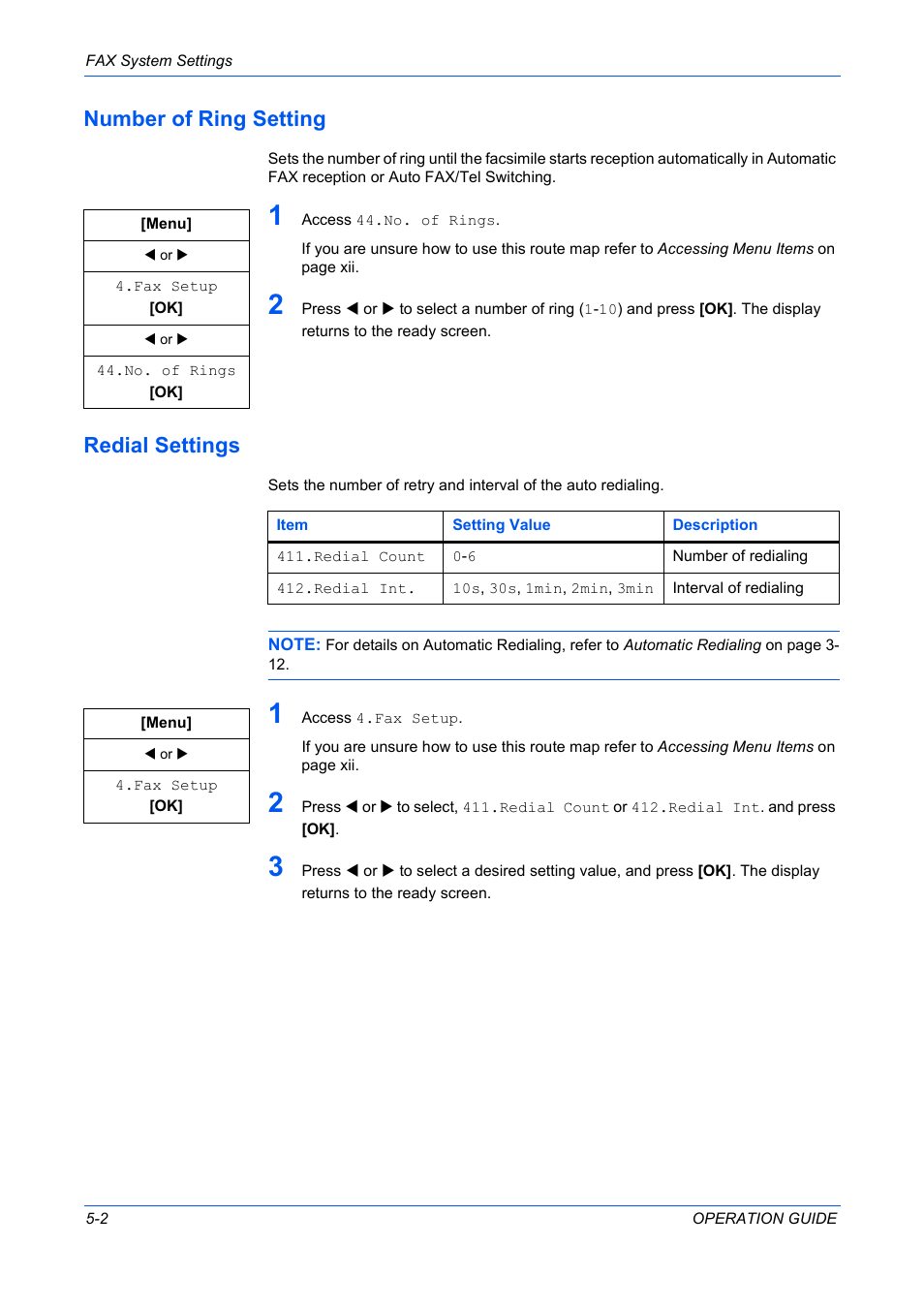 Number of ring setting, Redial settings | TA Triumph-Adler DC 2316 User Manual | Page 135 / 163