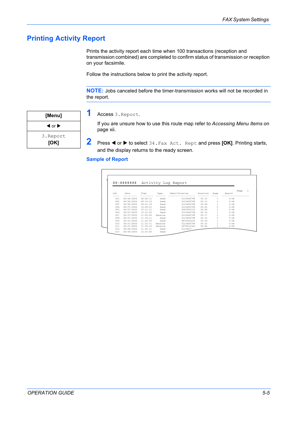 Printing activity report, Fax system settings operation guide 5-5, Report [ok | W or x, Activity log report | TA Triumph-Adler DC 2316 User Manual | Page 138 / 163