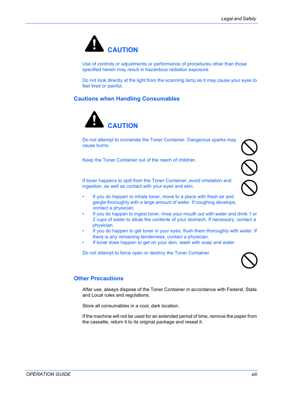 Cautions when handling consumables, Other precautions, Caution | TA Triumph-Adler DC 2316 User Manual | Page 15 / 163