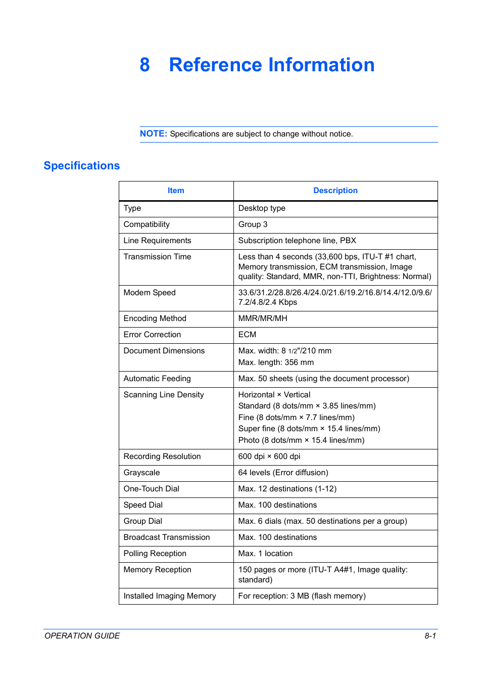 8 reference information, Specifications | TA Triumph-Adler DC 2316 User Manual | Page 154 / 163
