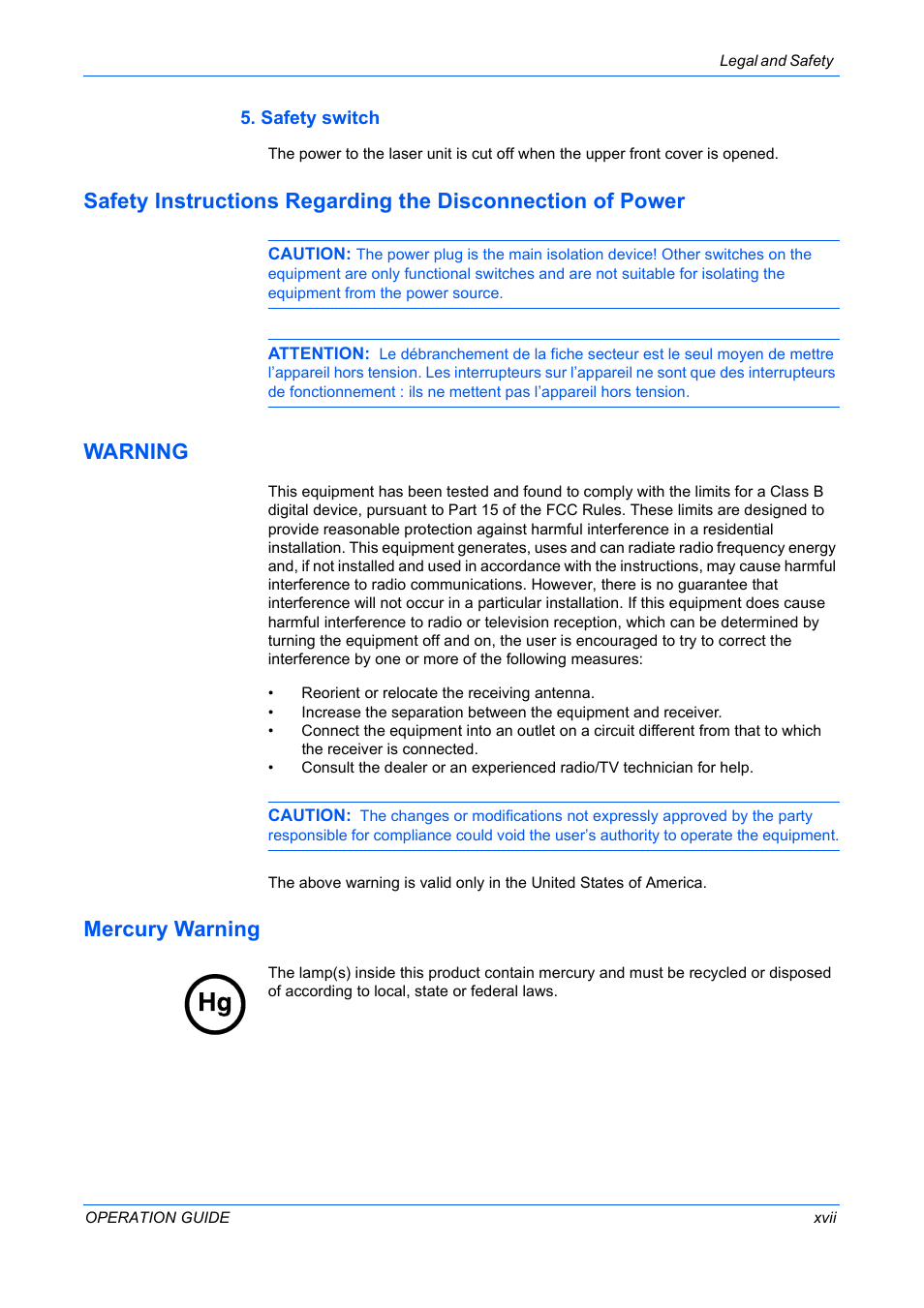 Safety switch, Warning, Mercury warning | TA Triumph-Adler DC 2316 User Manual | Page 19 / 163