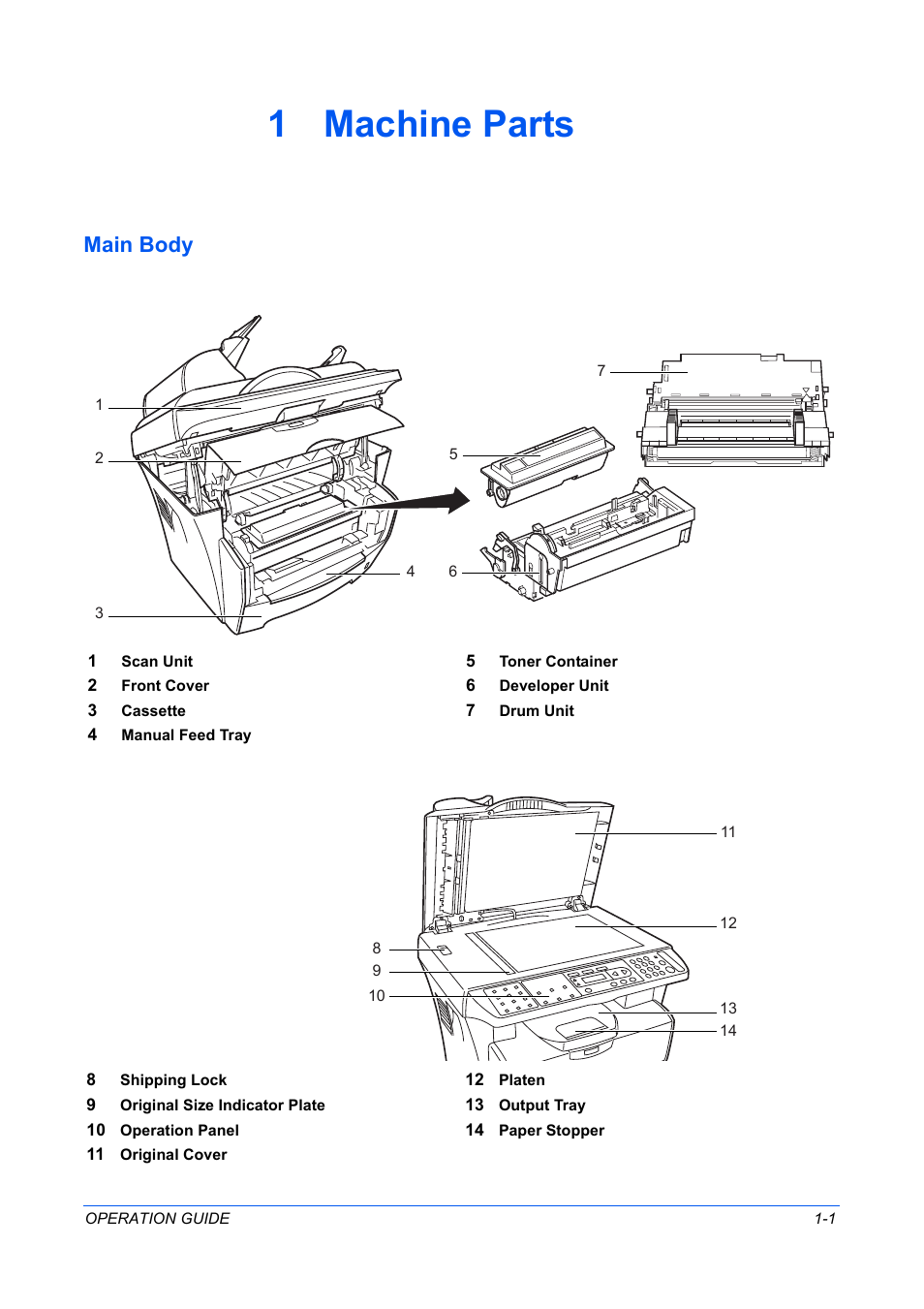 1 machine parts, Main body, Machine parts | Main body -1 | TA Triumph-Adler DC 2316 User Manual | Page 23 / 163
