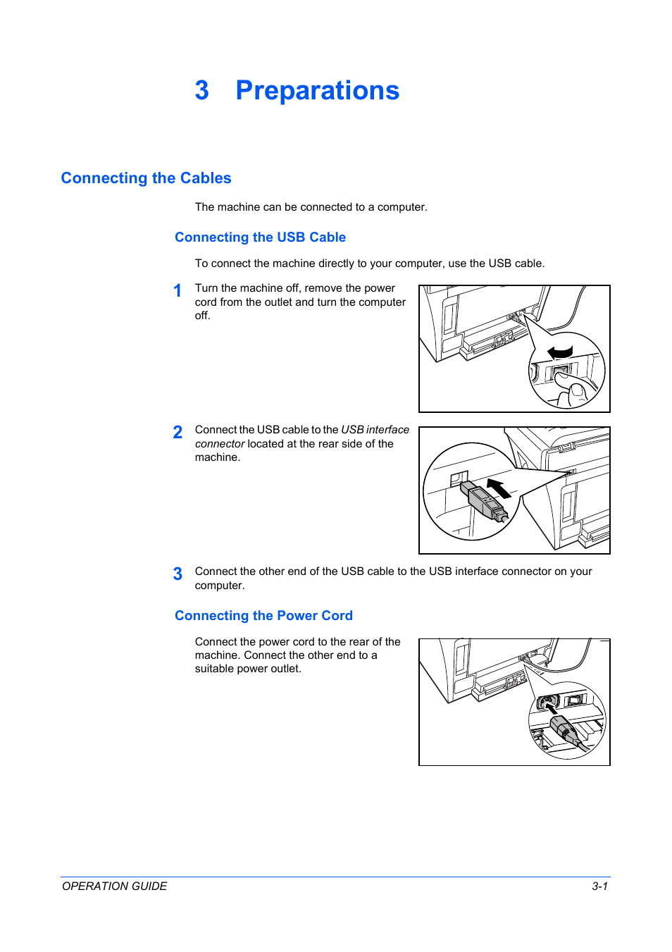 3 preparations, Connecting the cables, Connecting the usb cable | Connecting the power cord, Preparations | TA Triumph-Adler DC 2316 User Manual | Page 35 / 163