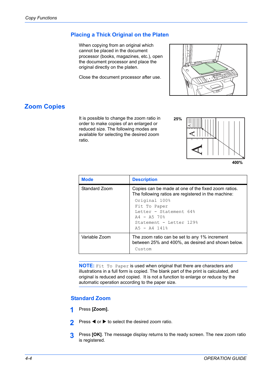 Placing a thick original on the platen, Zoom copies, Standard zoom | TA Triumph-Adler DC 2316 User Manual | Page 44 / 163