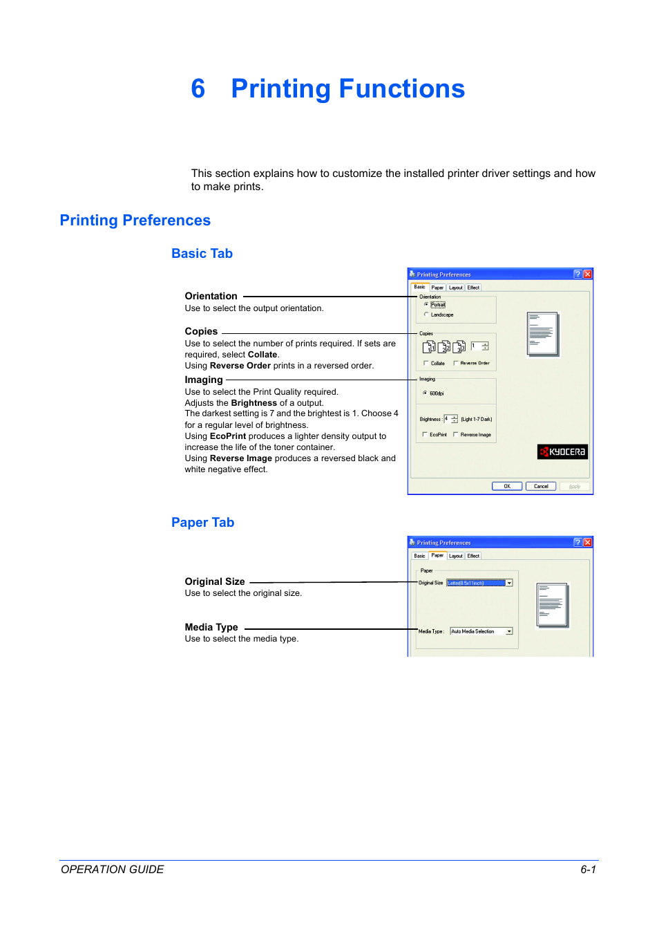 6 printing functions, Printing preferences, Basic tab | Paper tab, Printing functions, Printing preferences -1 | TA Triumph-Adler DC 2316 User Manual | Page 53 / 163