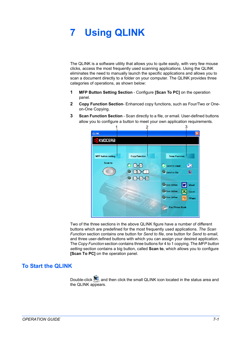 7 using qlink, To start the qlink, Using qlink | To start the qlink -1 | TA Triumph-Adler DC 2316 User Manual | Page 55 / 163