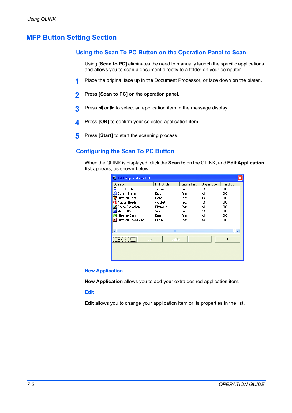 Mfp button setting section, Configuring the scan to pc button, Configuring the scan to pc button -2 | TA Triumph-Adler DC 2316 User Manual | Page 56 / 163
