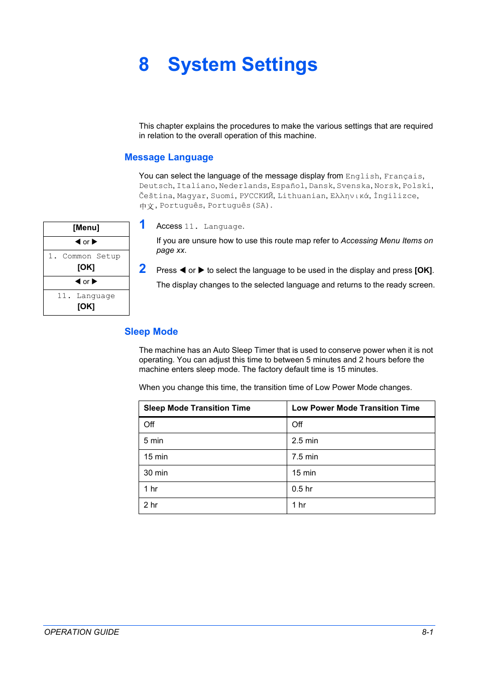 8 system settings, Message language, Sleep mode | System settings, Message language -1 sleep mode -1 | TA Triumph-Adler DC 2316 User Manual | Page 61 / 163