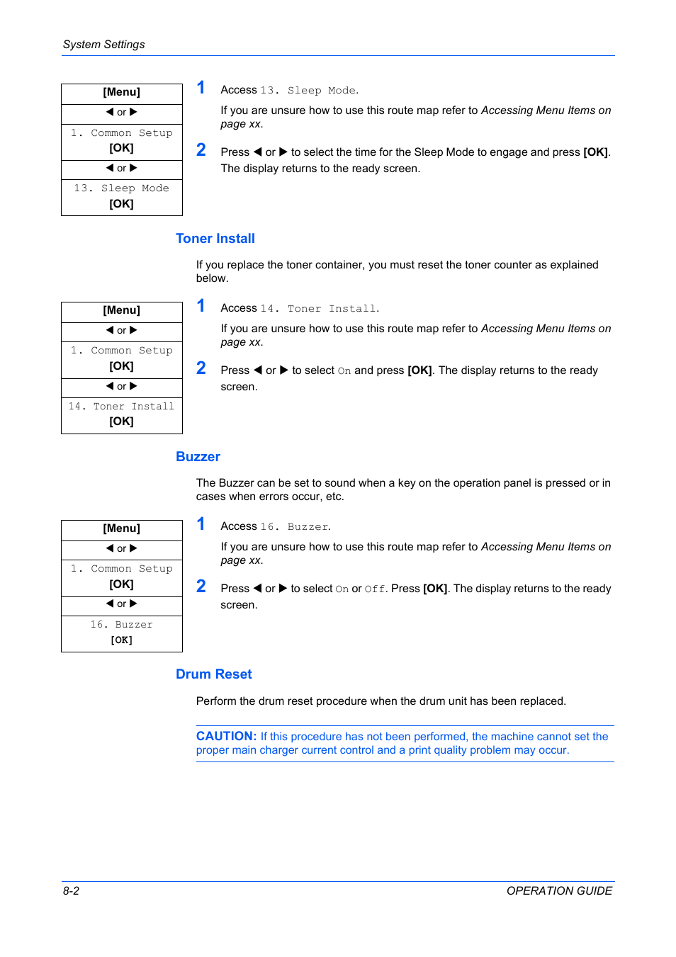 Toner install, Buzzer, Drum reset | Toner install -2 buzzer -2 drum reset -2 | TA Triumph-Adler DC 2316 User Manual | Page 62 / 163